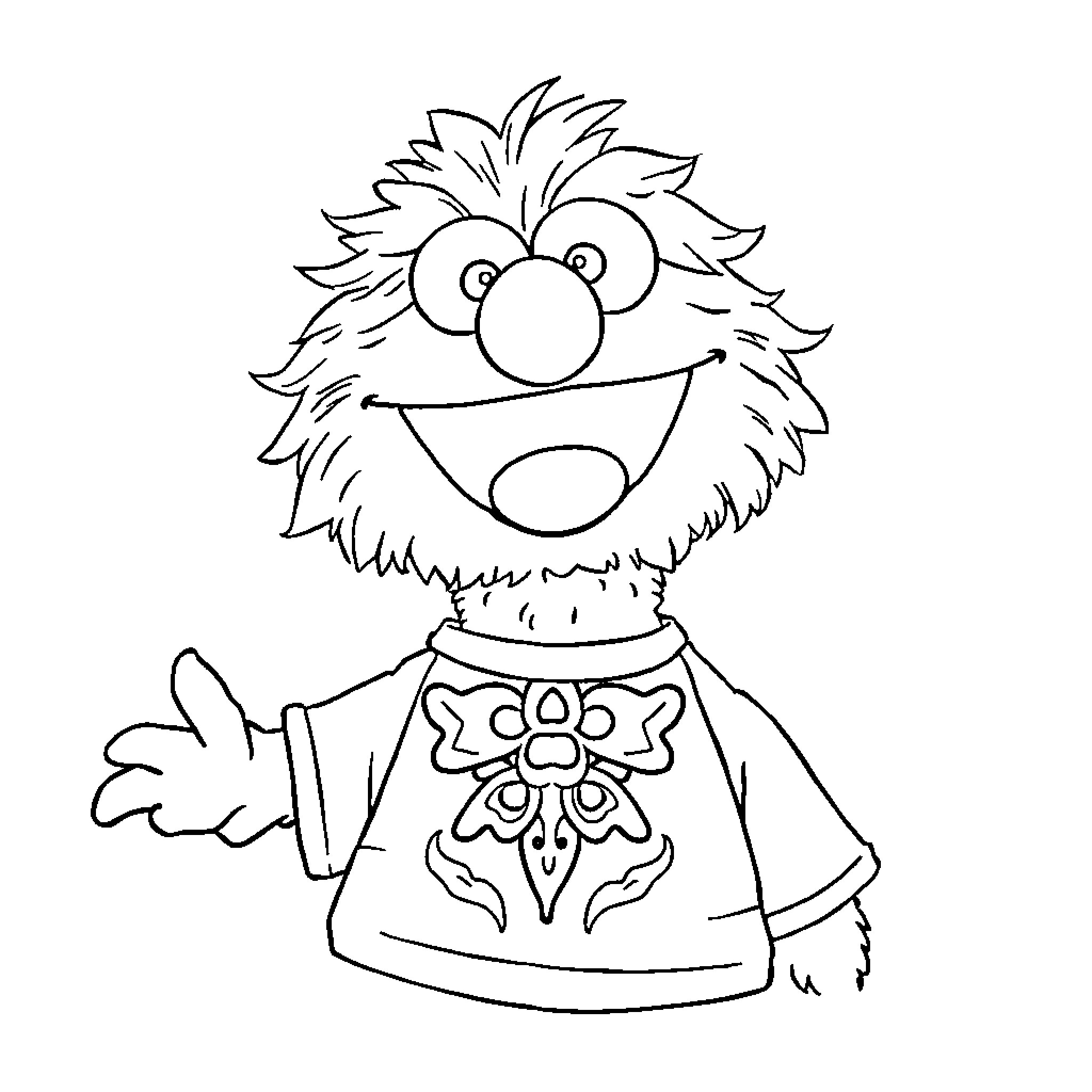 Elmo smiling and waving with a floral pattern on his shirt Coloring Page (free black-and-white line drawing printable PDF for all, from beginners to advanced learners, including children, teens, adults, and seniors)
