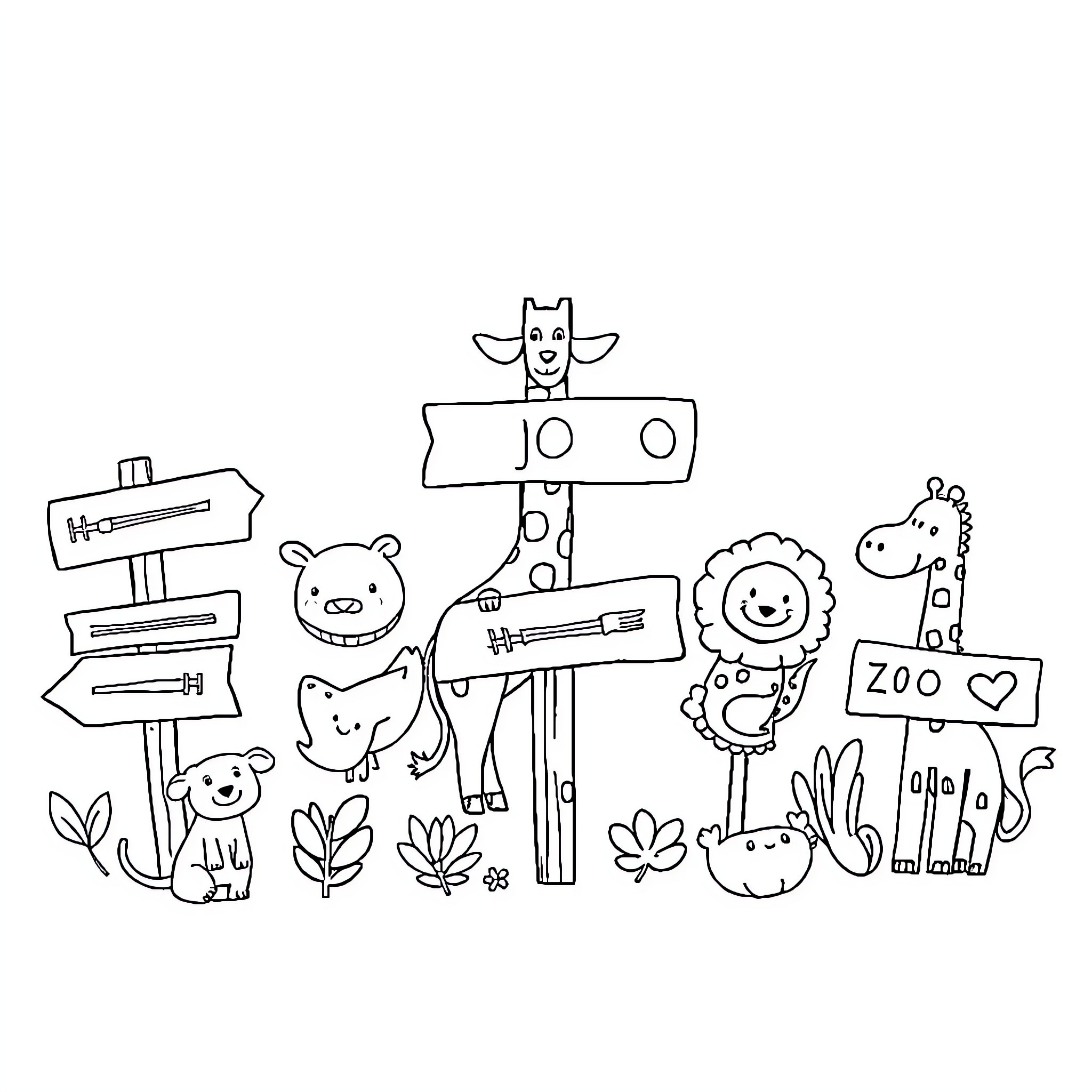 Zoo Animals in a Playful Scene Coloring Page (free black-and-white line drawing printable PDF for all, from beginners to advanced learners, including children, teens, adults, and seniors)