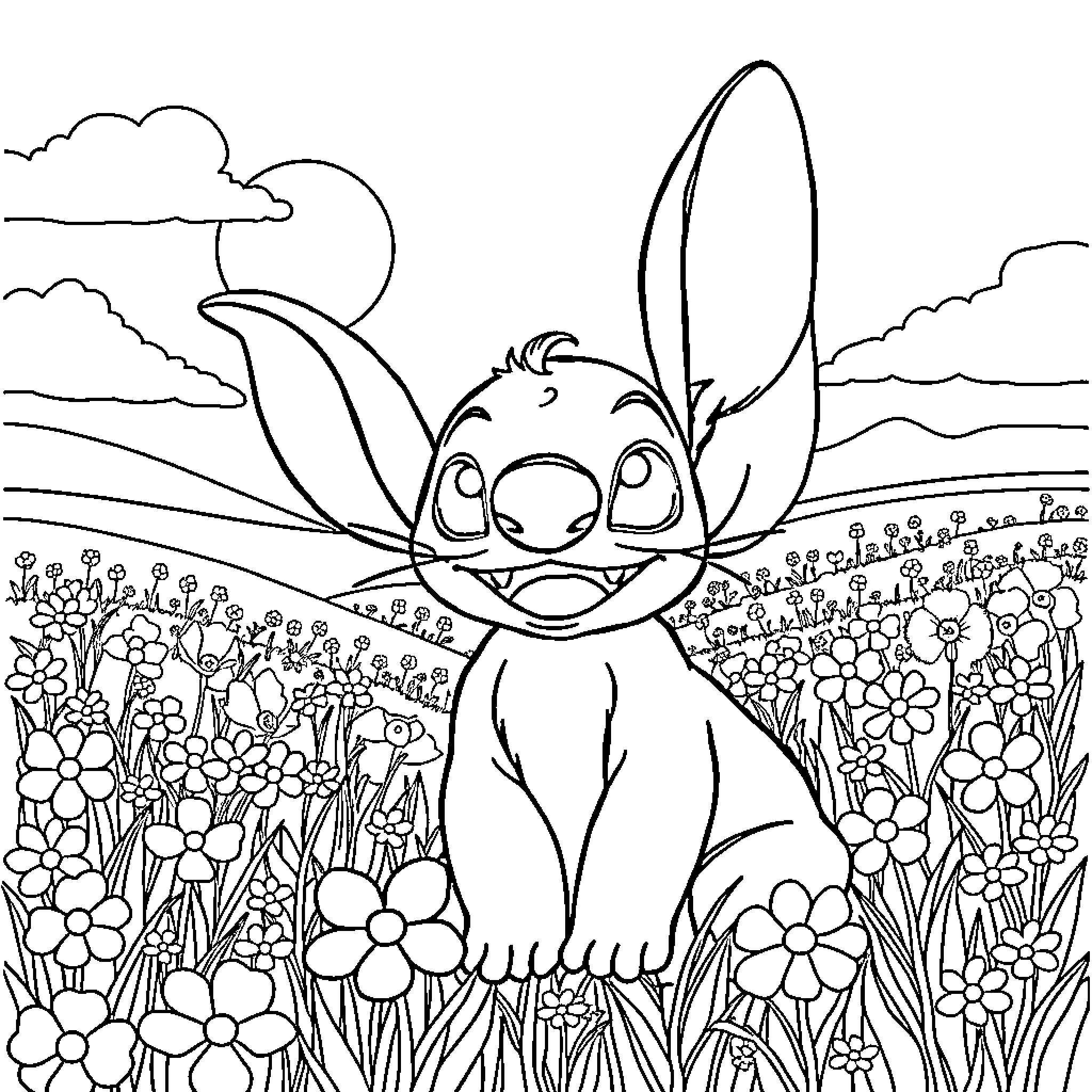 Rabbit exploring a flowery field Coloring Page (free black-and-white line drawing printable PDF for all, from beginners to advanced learners, including children, teens, adults, and seniors)
