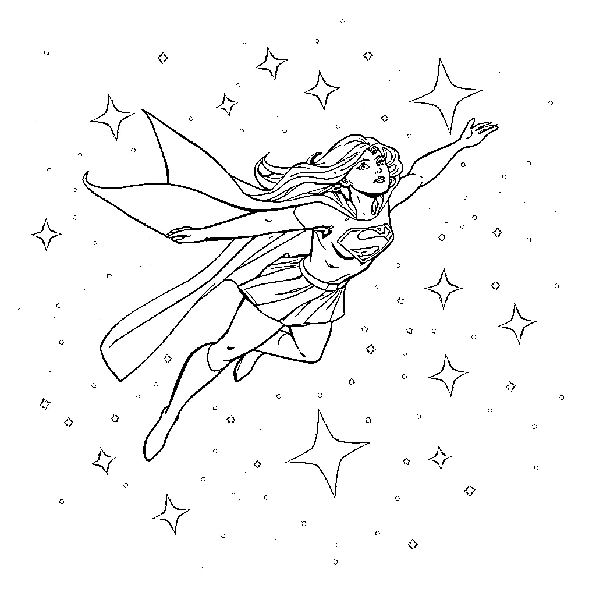Supergirl soaring through the starry sky Coloring Page (free black-and-white line drawing printable PDF for all, from beginners to advanced learners, including children, teens, adults, and seniors)