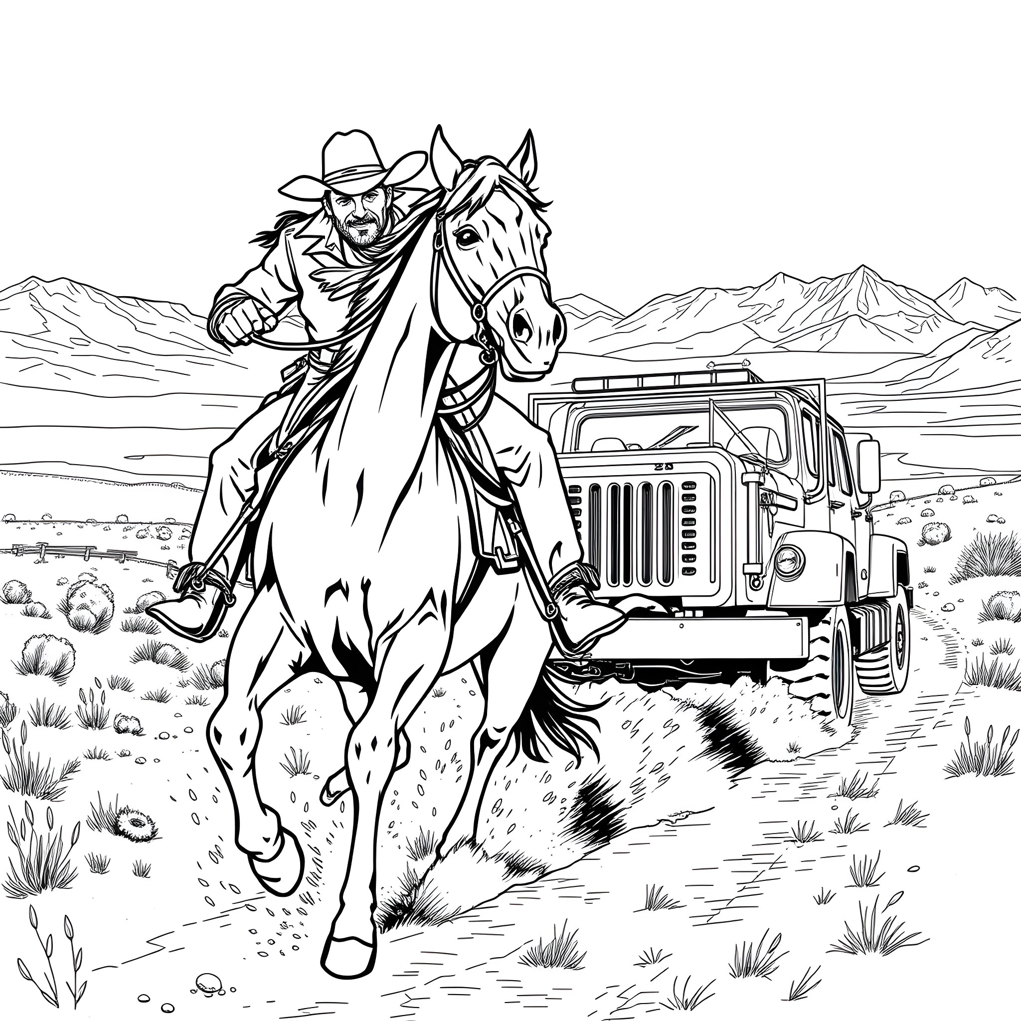 Cowboy riding horse through the rugged terrain Coloring Page (free black-and-white line drawing printable PDF for all, from beginners to advanced learners, including children, teens, adults, and seniors)