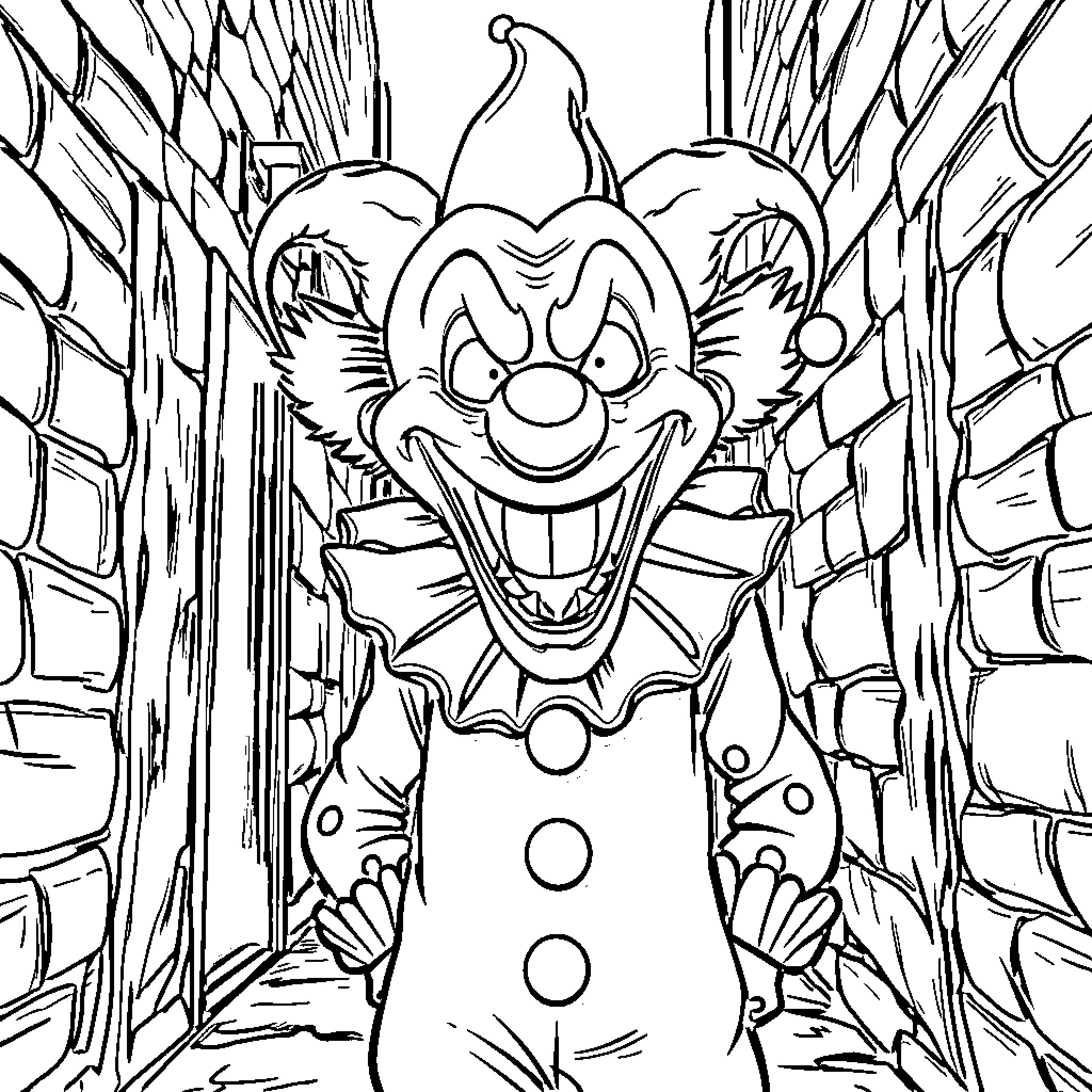 Art of a Menacing Clown in a Distorted Environment Coloring Page (free black-and-white line drawing printable PDF for all, from beginners to advanced learners, including children, teens, adults, and seniors)