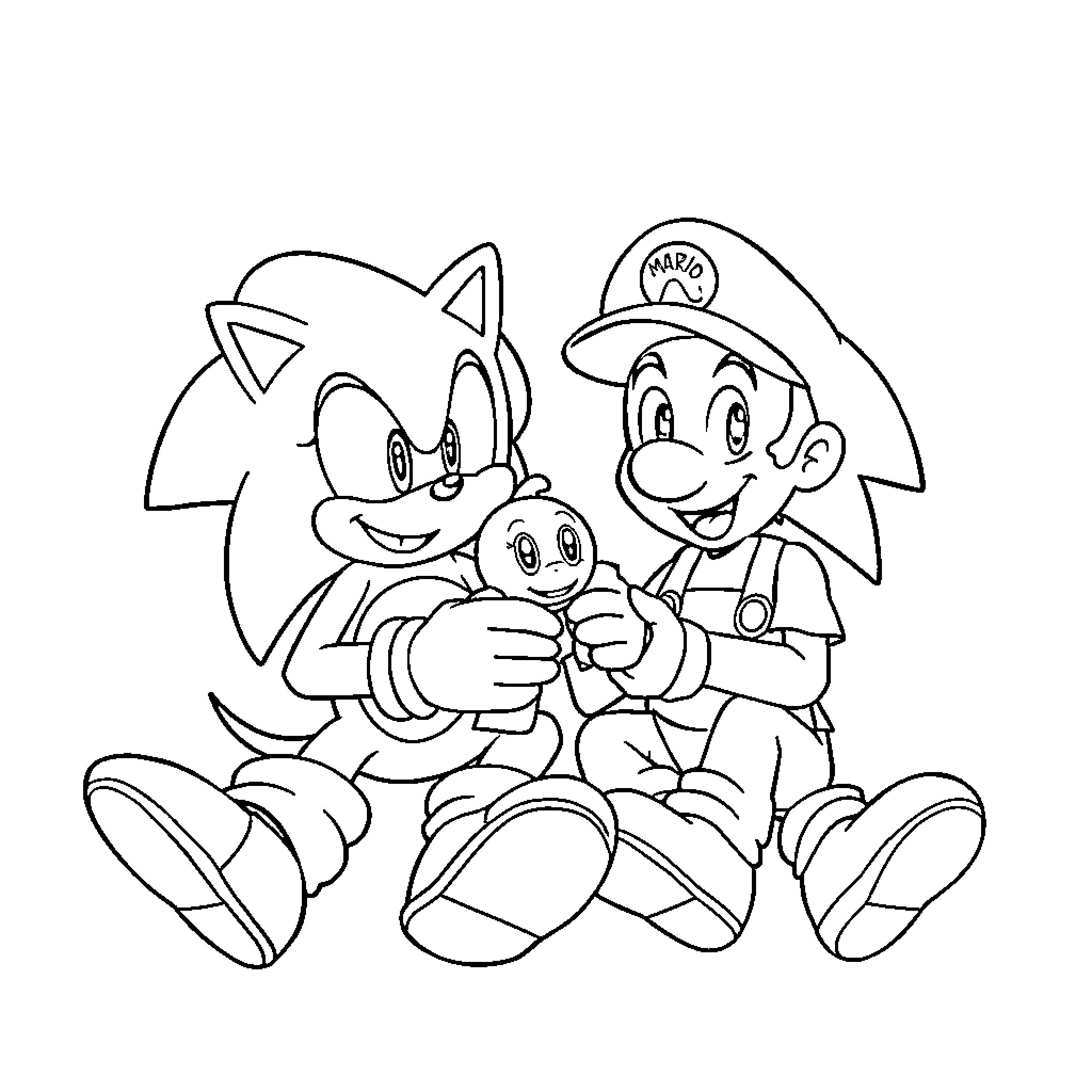 Sonic and Mario playing happily together Coloring Page (free black-and-white line drawing printable PDF for all, from beginners to advanced learners, including children, teens, adults, and seniors)