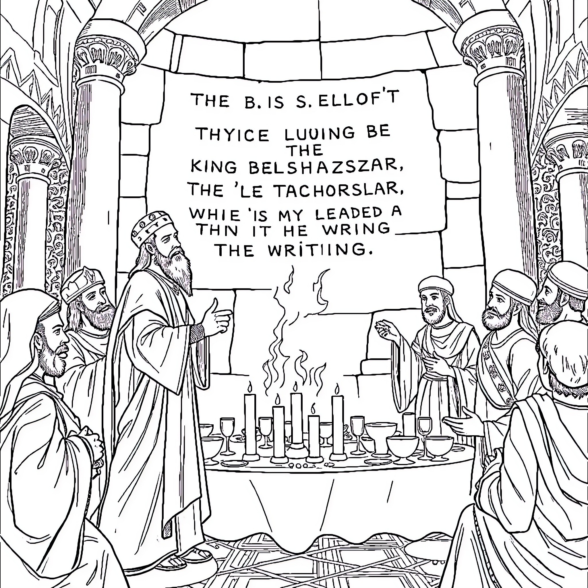 Daniel's Encounter with the Mysterious Inscription Coloring Page (free black-and-white line drawing printable PDF for all, from beginners to advanced learners, including children, teens, adults, and seniors)