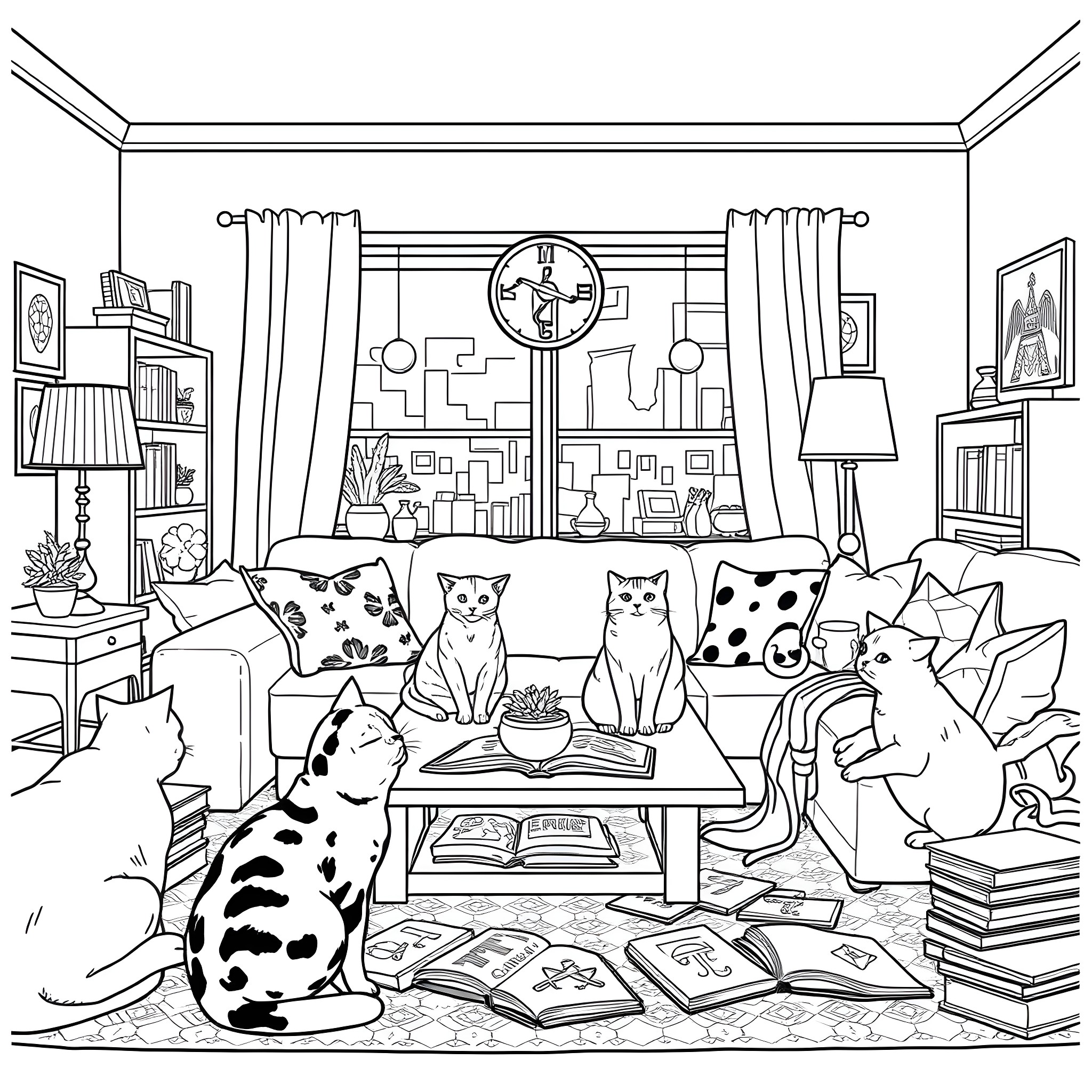 Cat Cozy Gathering in Cluttered Living Room Coloring Page (free black-and-white line drawing printable PDF for all, from beginners to advanced learners, including children, teens, adults, and seniors)