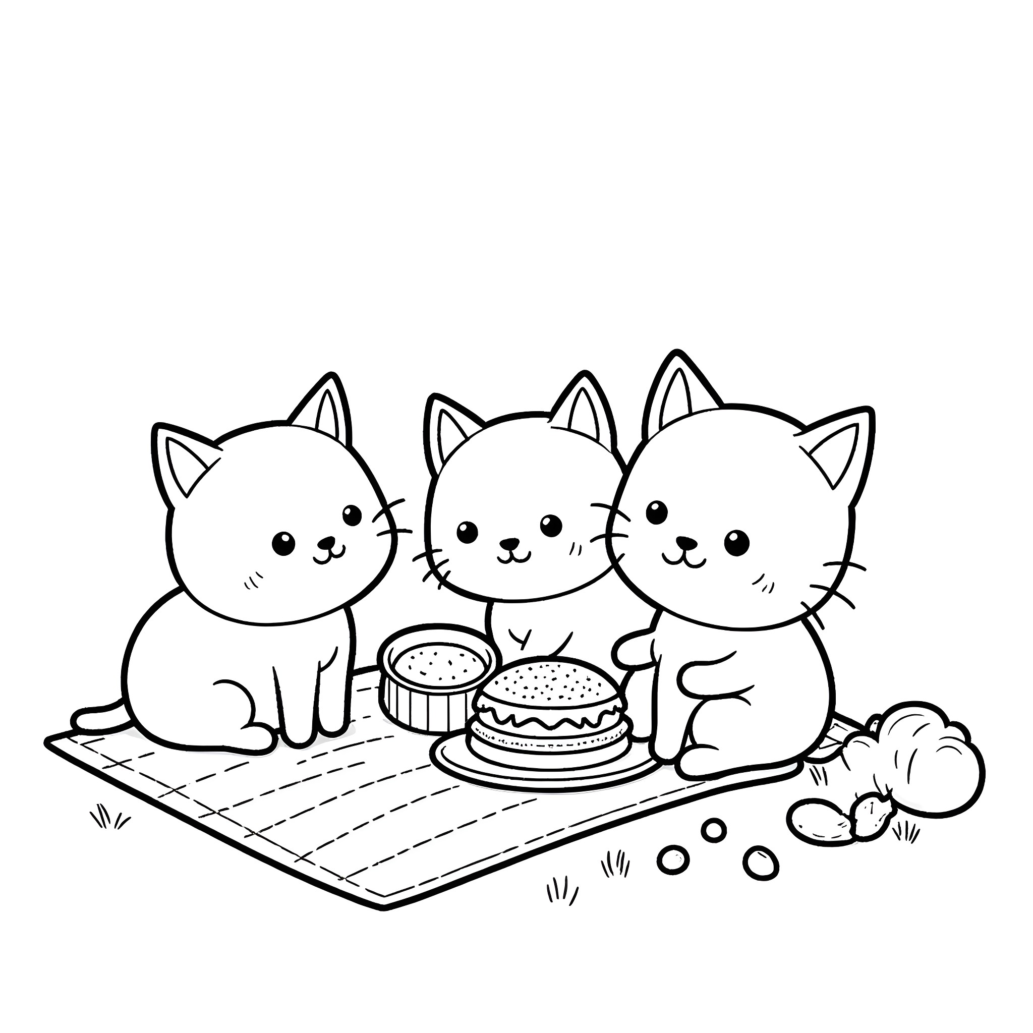 Cats enjoying a picnic with burgers Coloring Page (free black-and-white line drawing printable PDF for all, from beginners to advanced learners, including children, teens, adults, and seniors)