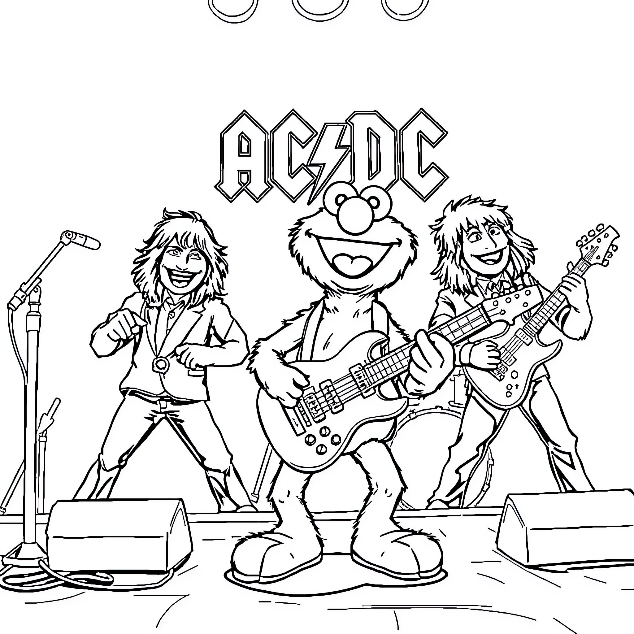 Elmo and his AC/DC bandmates rocking the stage Coloring Page (free black-and-white line drawing printable PDF for all, from beginners to advanced learners, including children, teens, adults, and seniors)