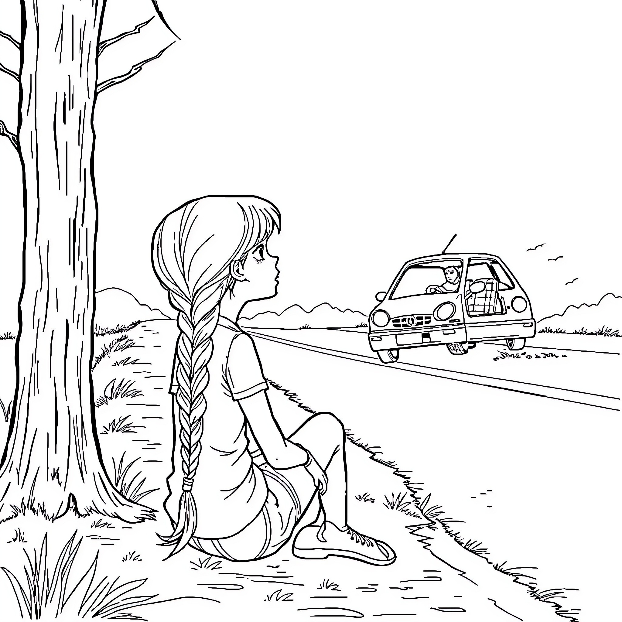 Girl sitting alone under a tree watching a car pass by Coloring Page (free black-and-white line drawing printable PDF for all, from beginners to advanced learners, including children, teens, adults, and seniors)