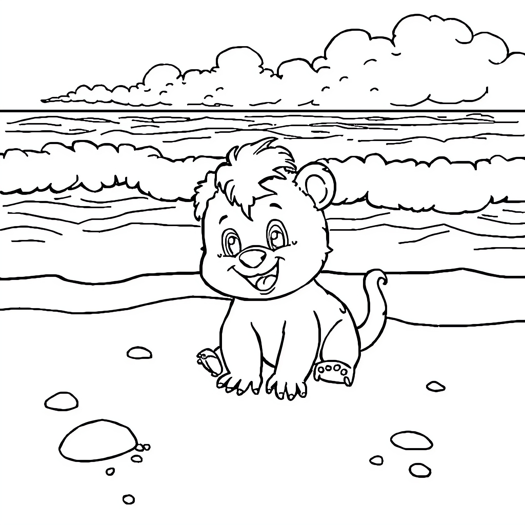 Cuquin playing happily on the beach Coloring Page (free black-and-white line drawing printable PDF for all, from beginners to advanced learners, including children, teens, adults, and seniors)
