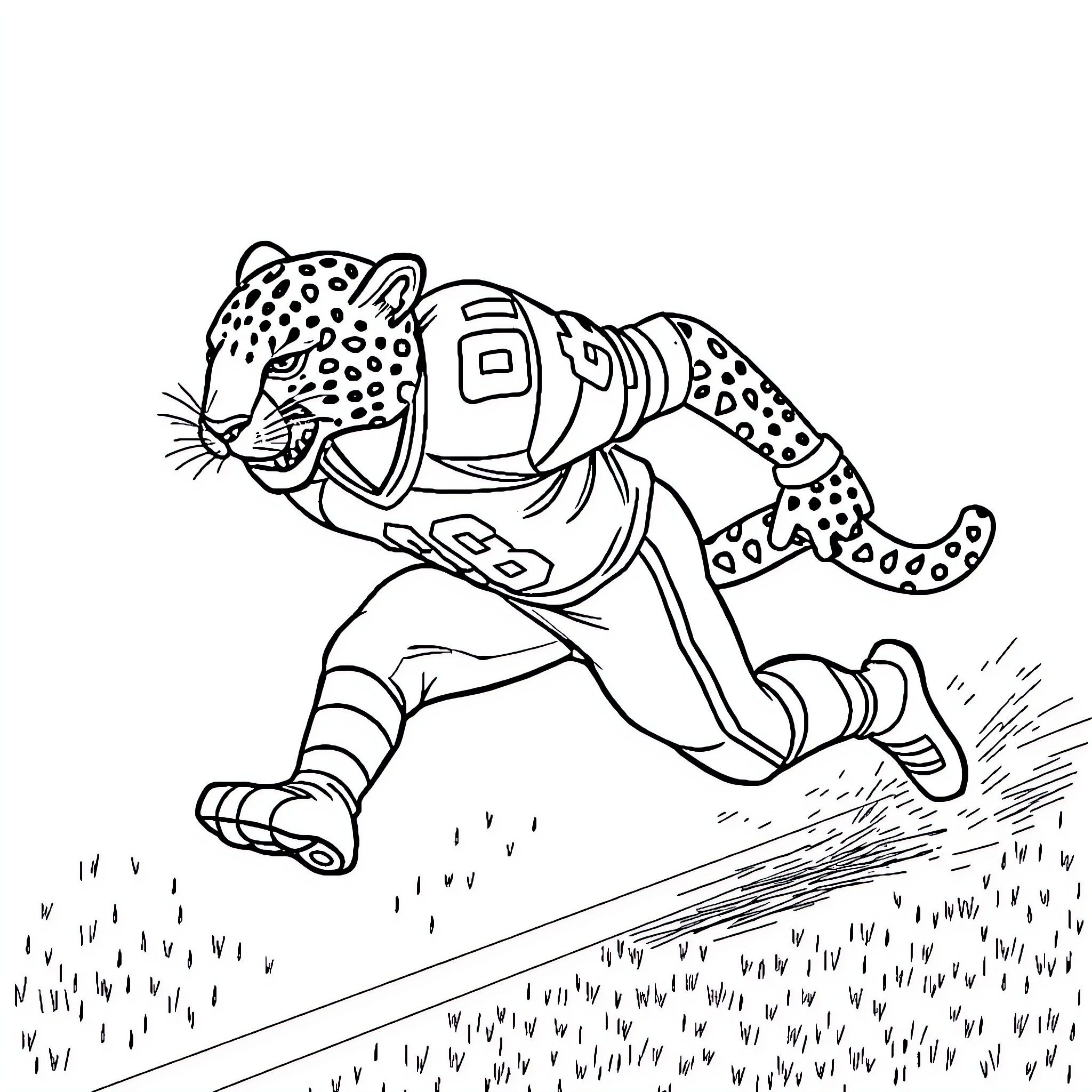 Jaguar athlete speeding through the track Coloring Page (free black-and-white line drawing printable PDF for all, from beginners to advanced learners, including children, teens, adults, and seniors)