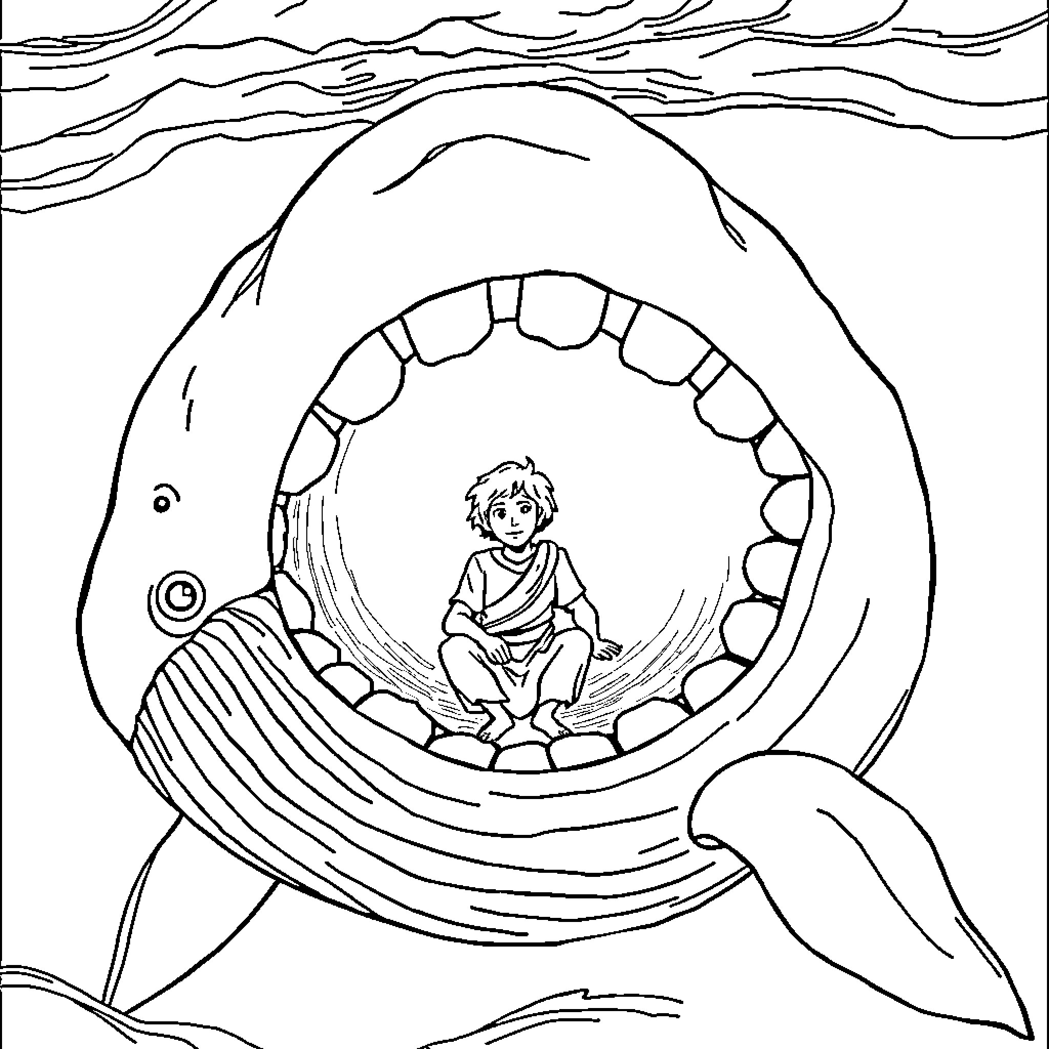 Jonah sitting calmly inside the whale Coloring Page (free black-and-white line drawing printable PDF for all, from beginners to advanced learners, including children, teens, adults, and seniors)