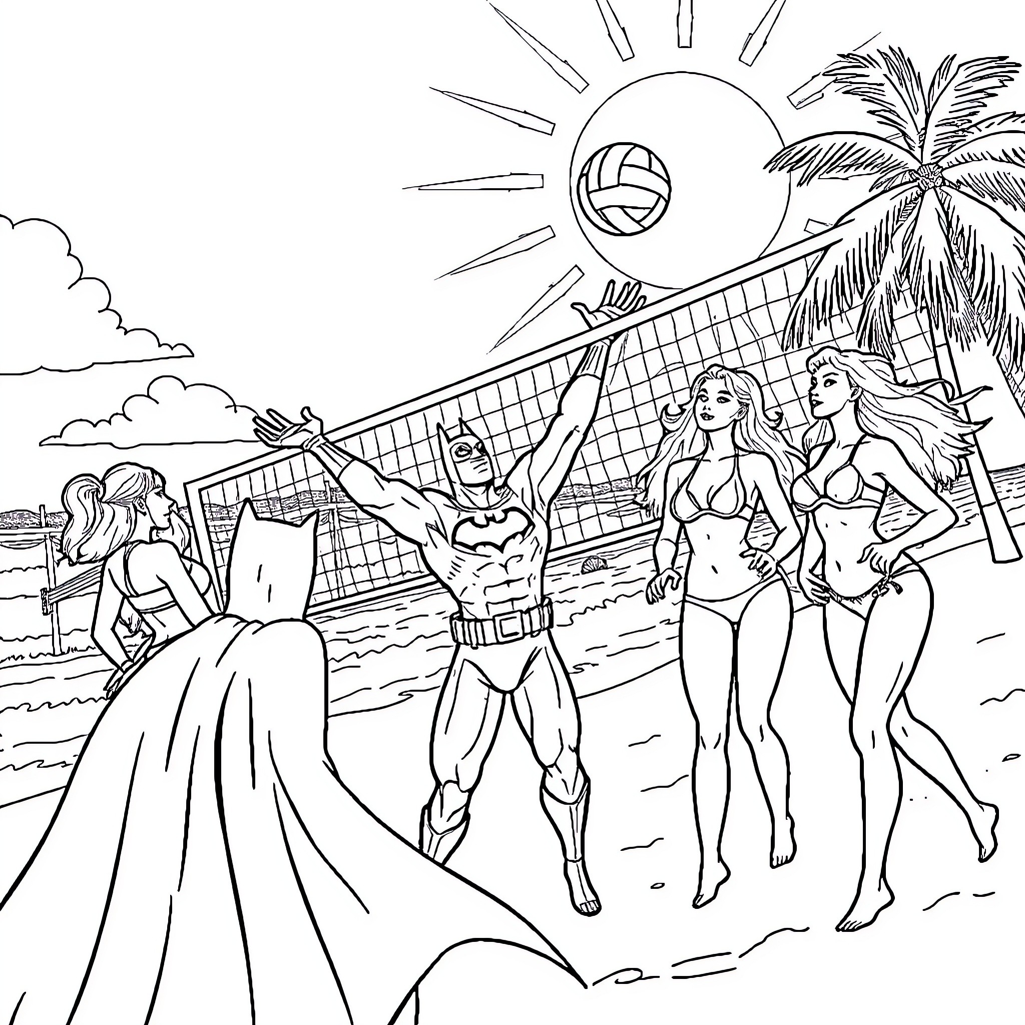 Batman playing volleyball with beautiful women on the beach Coloring Page (free black-and-white line drawing printable PDF for all, from beginners to advanced learners, including children, teens, adults, and seniors)