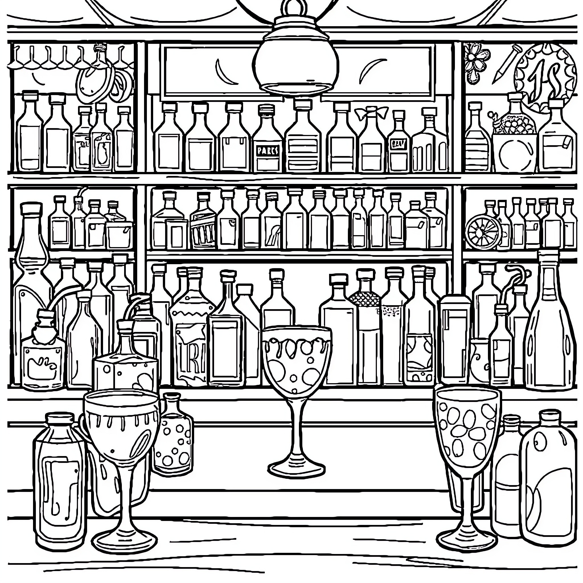 Drink Bottles and Glasses on Shelves Coloring Page (free black-and-white line drawing printable PDF for all, from beginners to advanced learners, including children, teens, adults, and seniors)