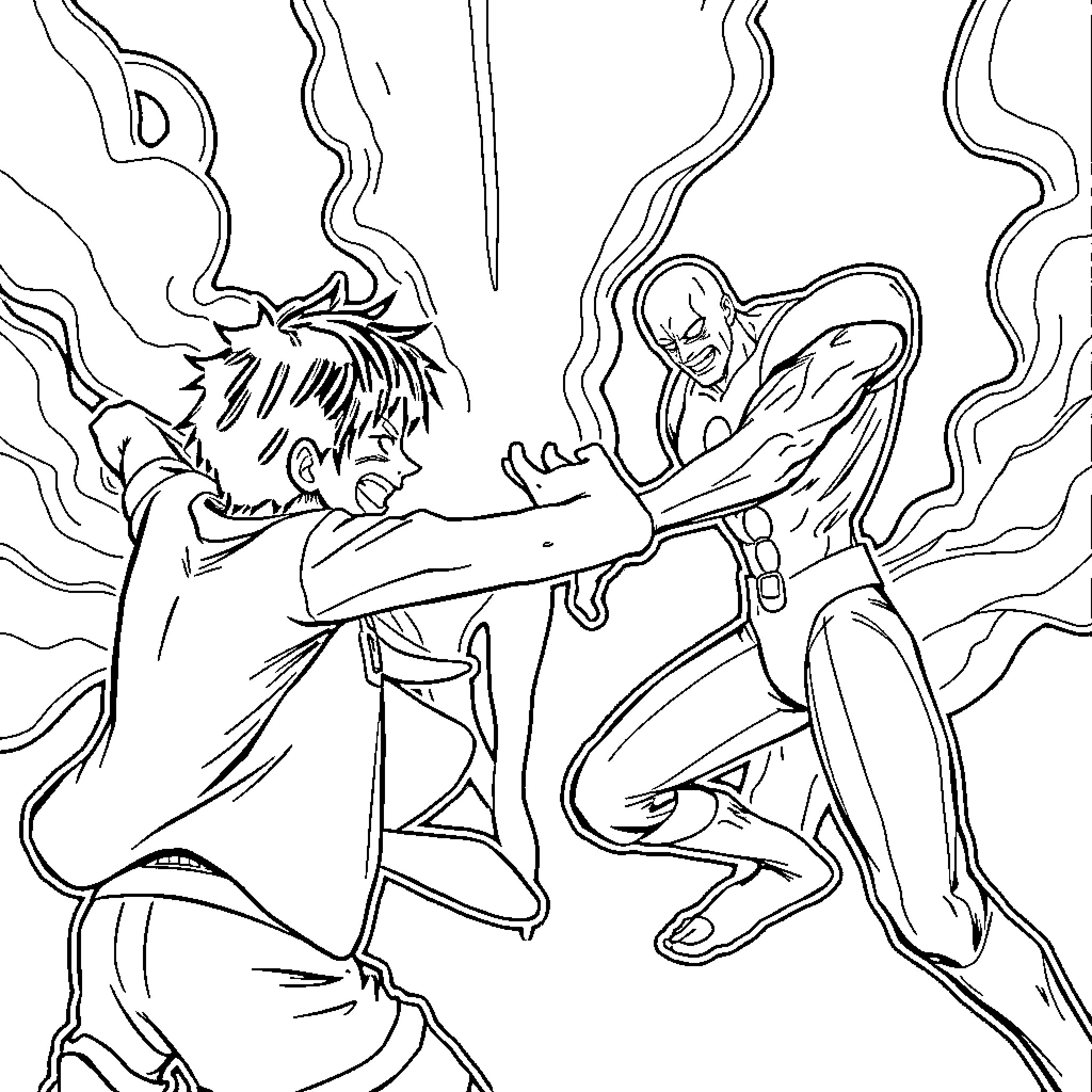 Monkey D Luffy engaged in fierce combat Coloring Page (free black-and-white line drawing printable PDF for all, from beginners to advanced learners, including children, teens, adults, and seniors)