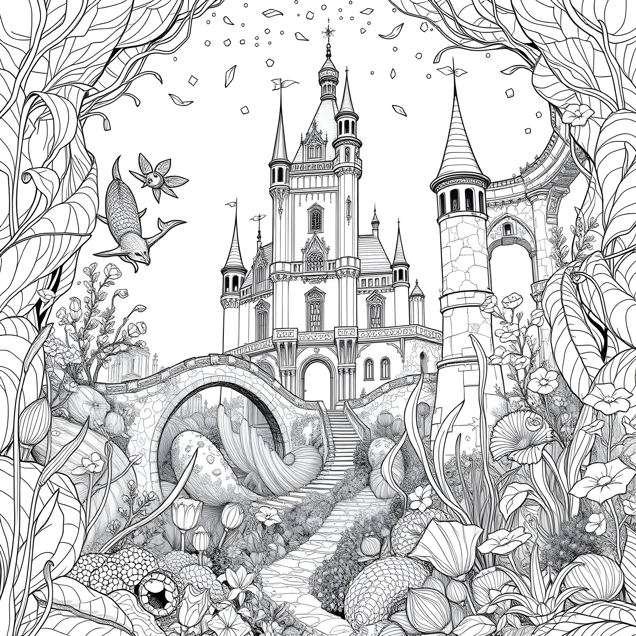 Château Enchanted with Fantastical Creatures Coloring Page (free black-and-white line drawing printable PDF for all, from beginners to advanced learners, including children, teens, adults, and seniors)