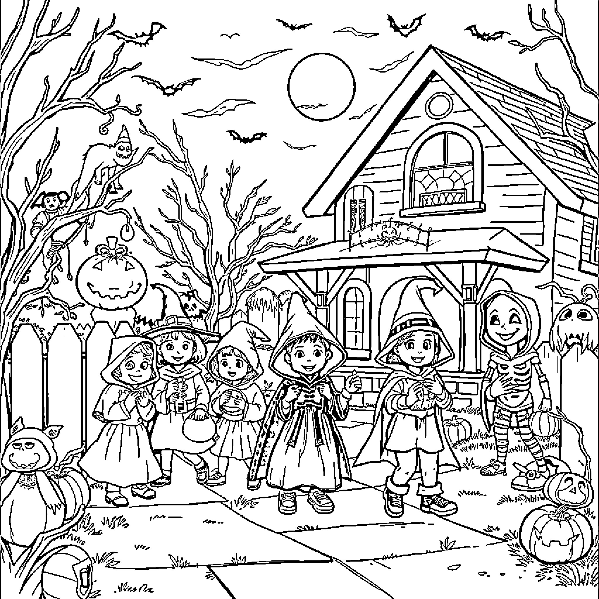 Halloween Trick-or-Treating at the Haunted House Coloring Page (free black-and-white line drawing printable PDF for all, from beginners to advanced learners, including children, teens, adults, and seniors)