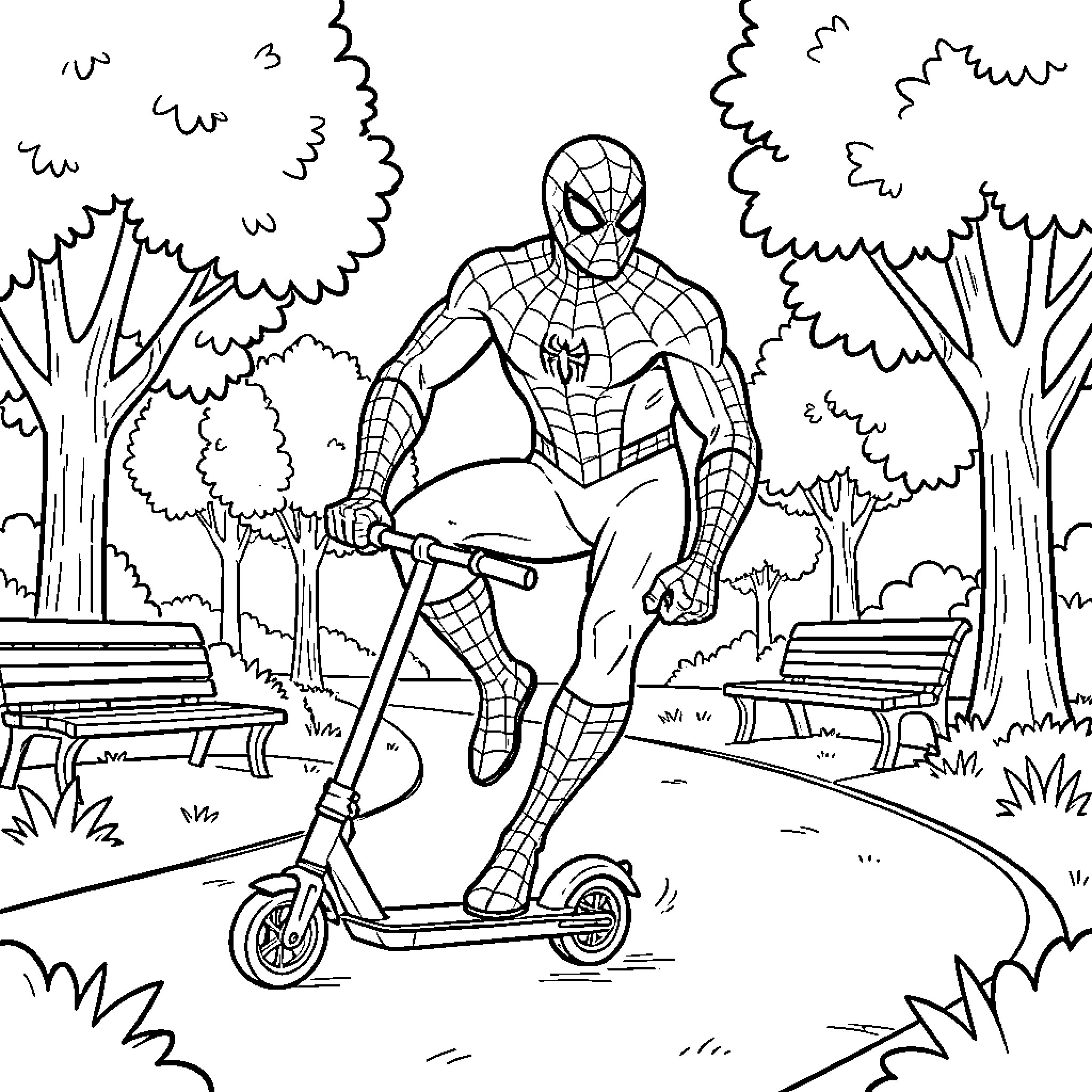 Spiderman riding a scooter through a park Coloring Page (free black-and-white line drawing printable PDF for all, from beginners to advanced learners, including children, teens, adults, and seniors)
