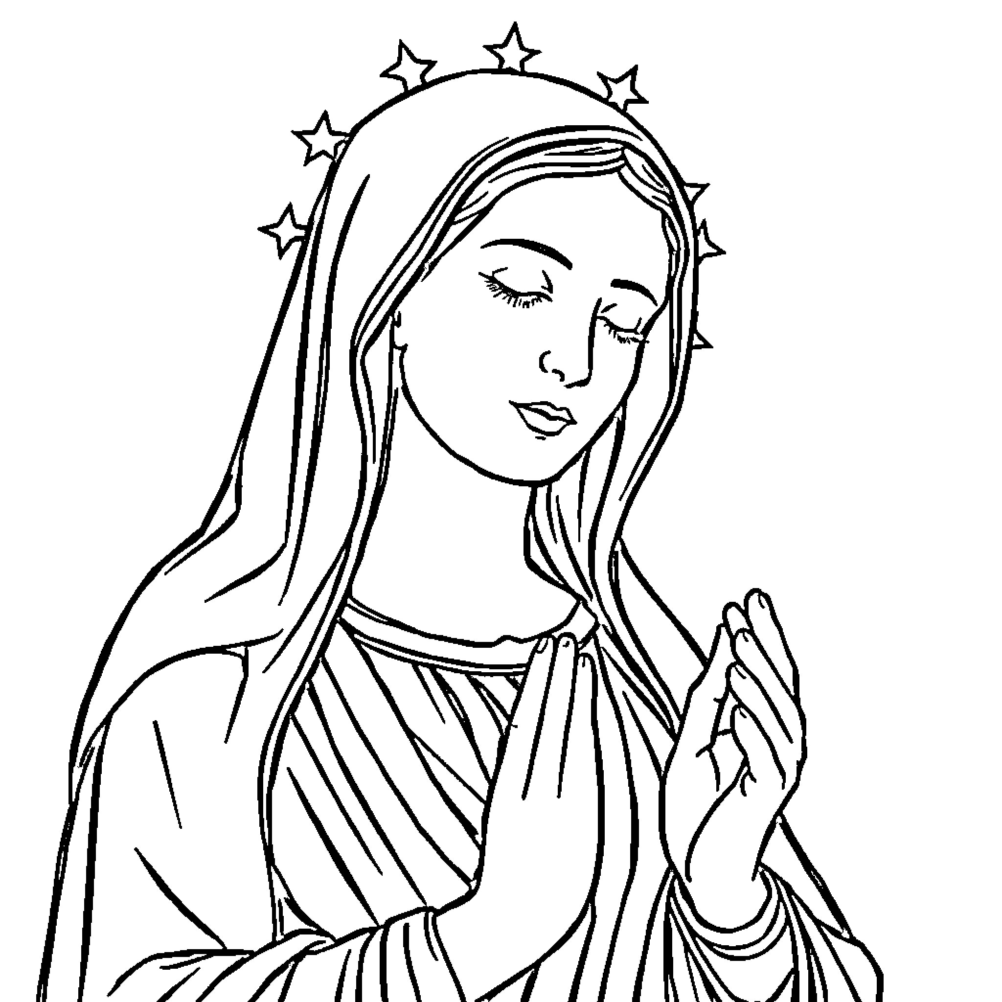 Virgin Mary in contemplative prayer Coloring Page (free black-and-white line drawing printable PDF for all, from beginners to advanced learners, including children, teens, adults, and seniors)