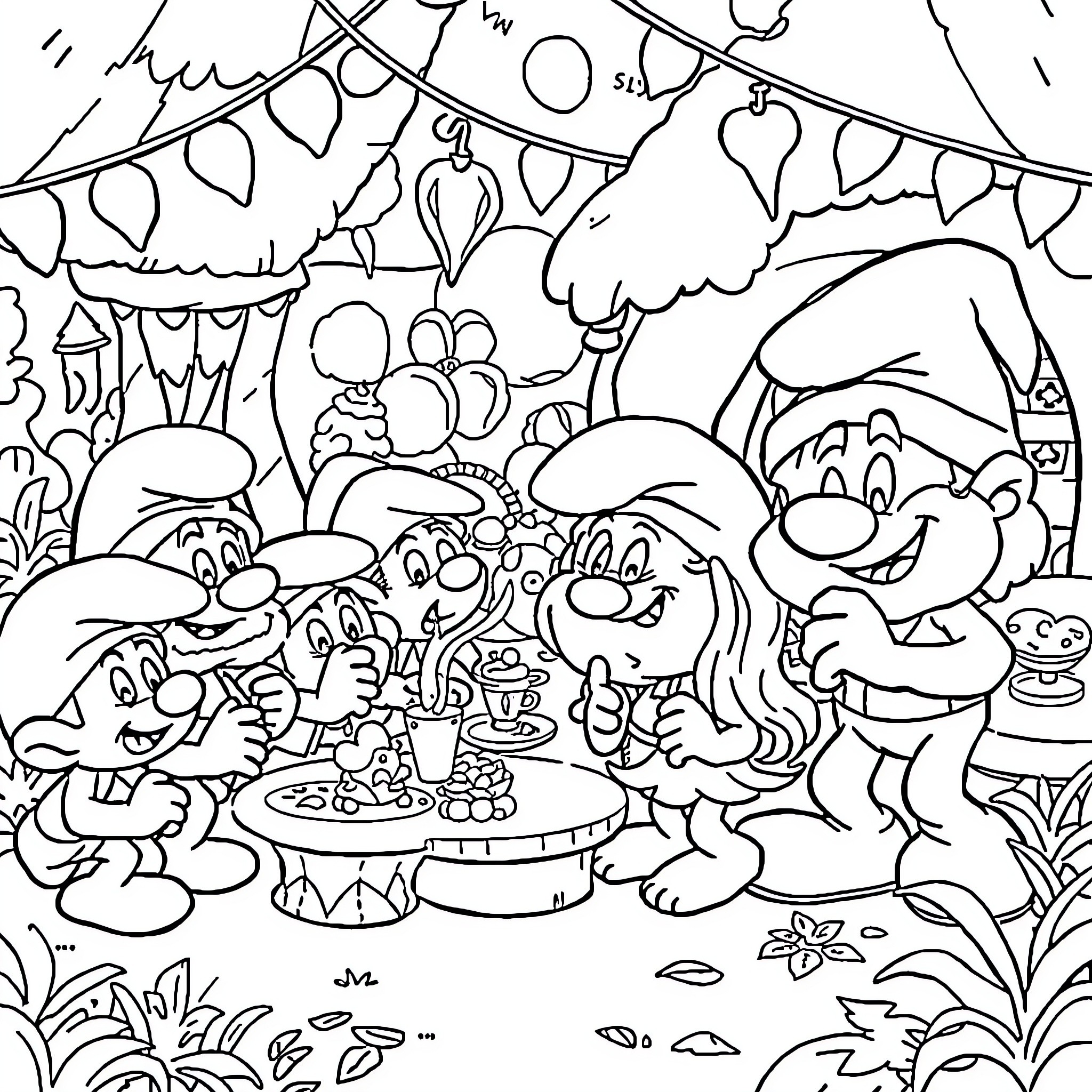 Smurfs celebrate a joyous gathering in the forest Coloring Page (free black-and-white line drawing printable PDF for all, from beginners to advanced learners, including children, teens, adults, and seniors)