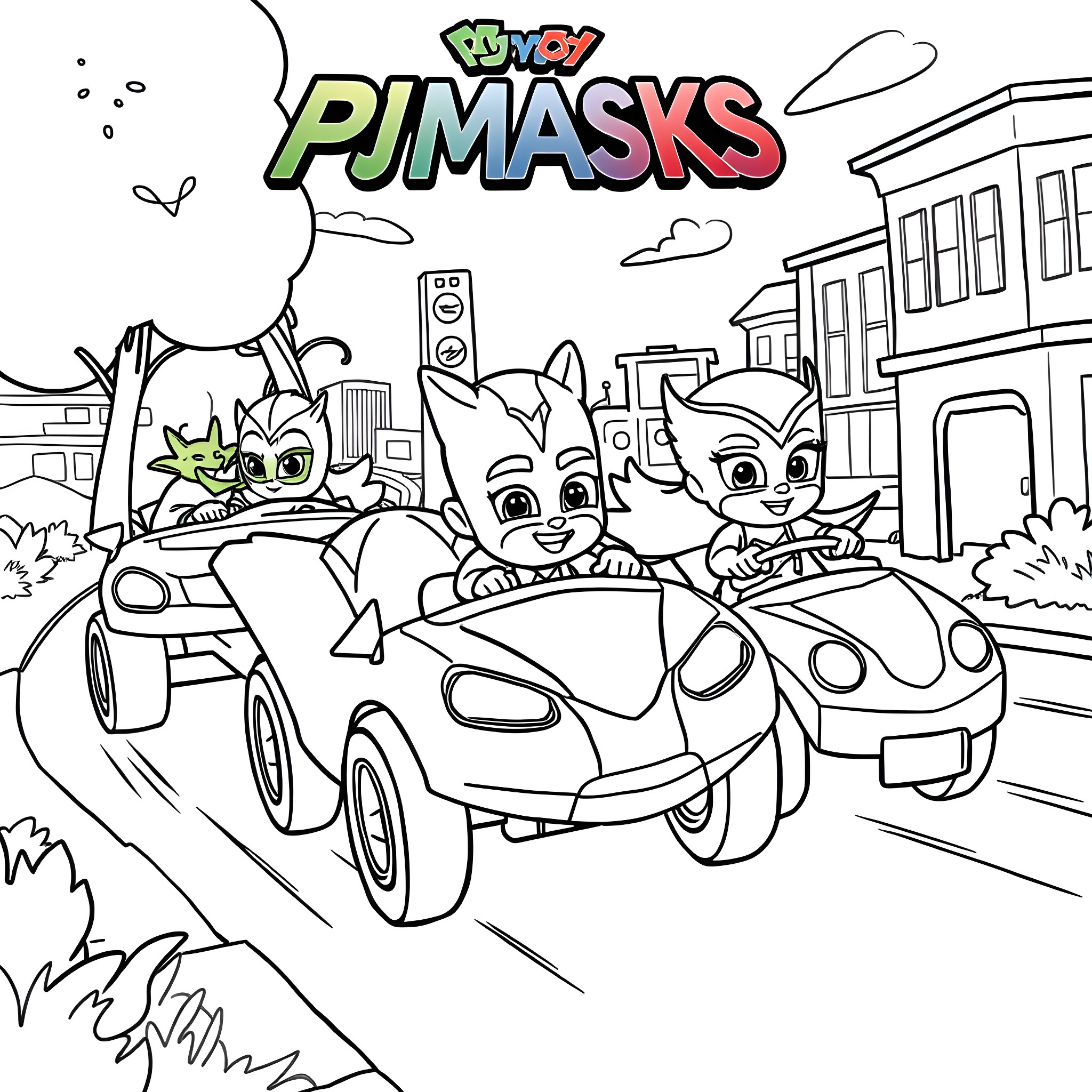 Pj Masks characters on a city adventure Coloring Page (free black-and-white line drawing printable PDF for all, from beginners to advanced learners, including children, teens, adults, and seniors)