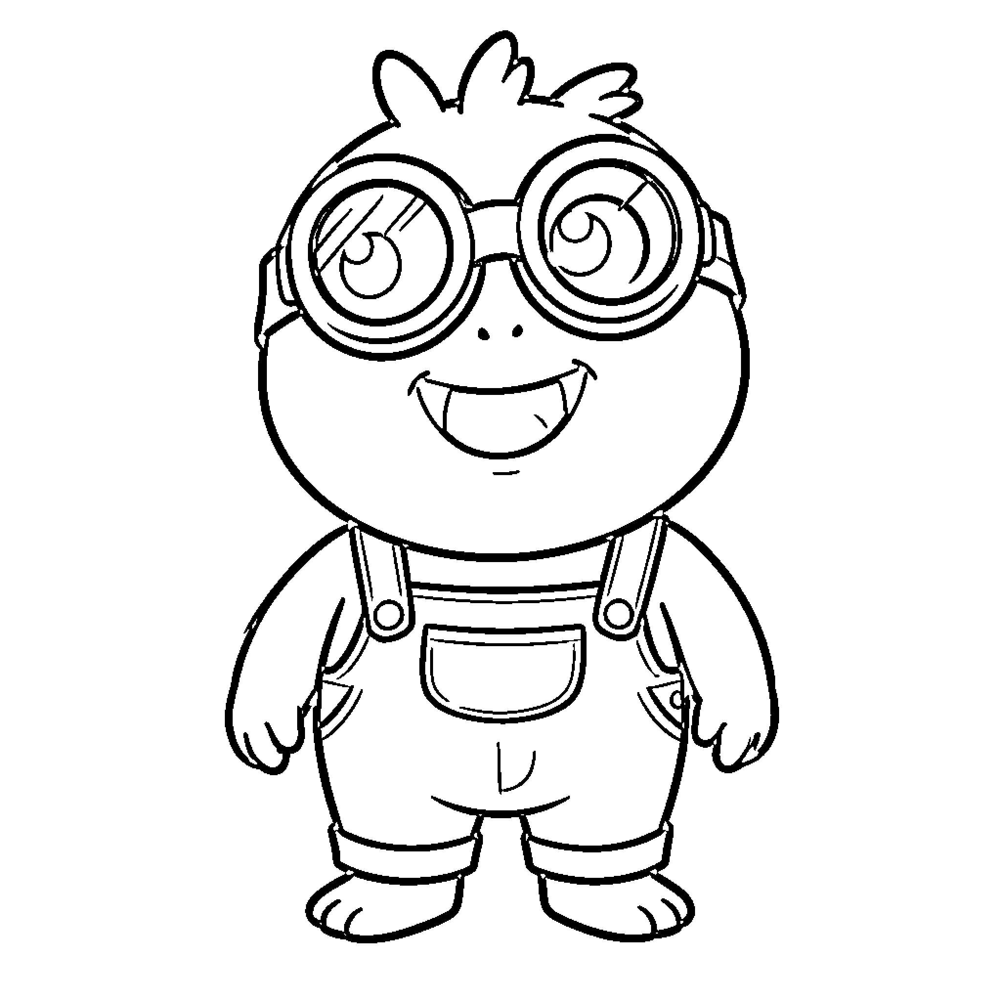 Minion character wearing goggles and overalls smiling Coloring Page (free black-and-white line drawing printable PDF for all, from beginners to advanced learners, including children, teens, adults, and seniors)