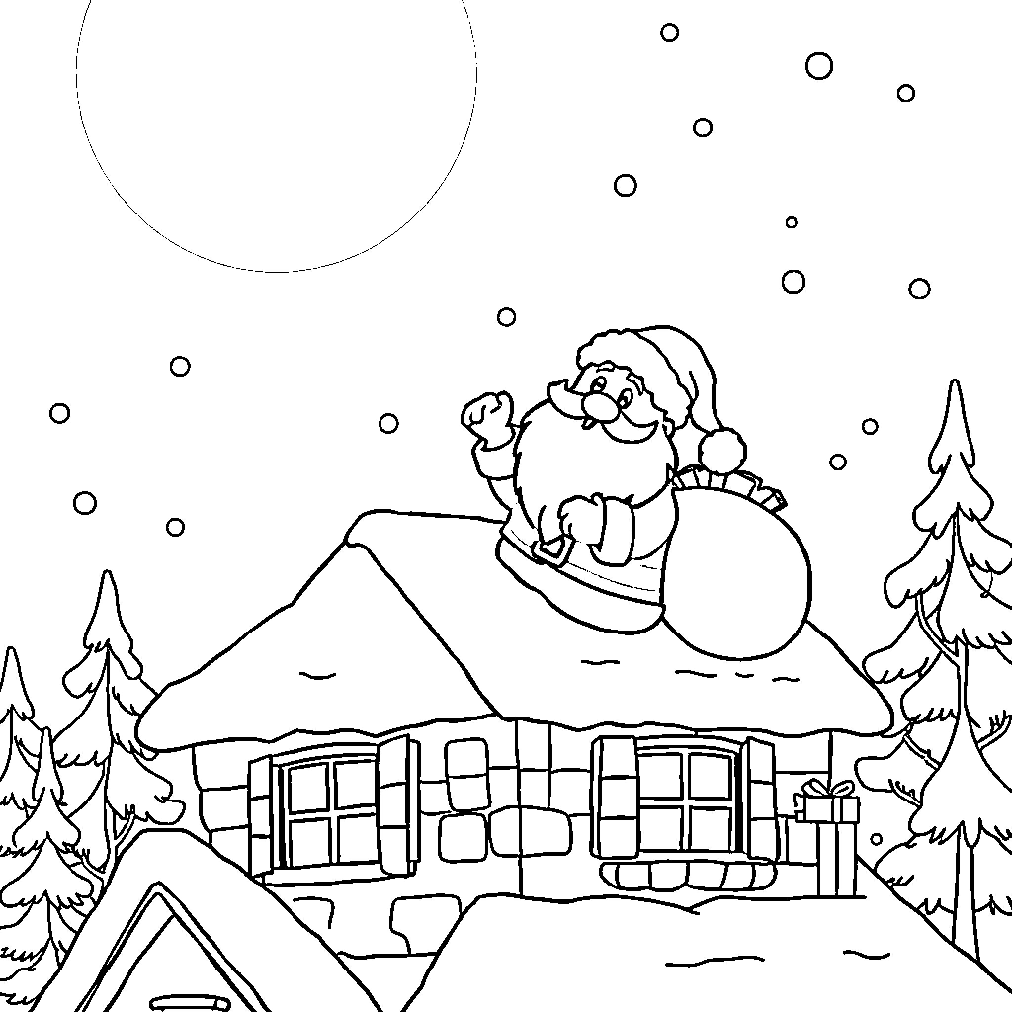 Santa on a snowy rooftop with sack Coloring Page (free black-and-white line drawing printable PDF for all, from beginners to advanced learners, including children, teens, adults, and seniors)