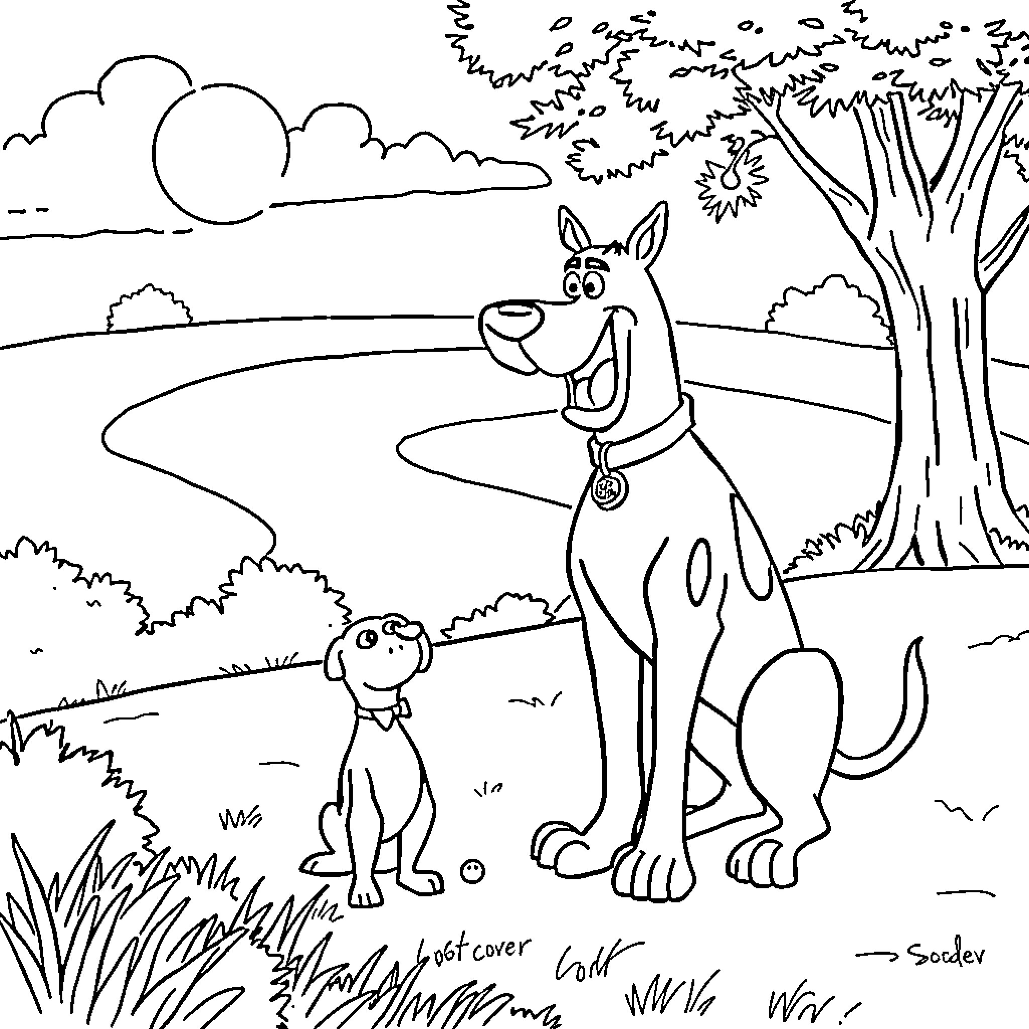 Scooby Doo and friend explore the outdoors Coloring Page (free black-and-white line drawing printable PDF for all, from beginners to advanced learners, including children, teens, adults, and seniors)