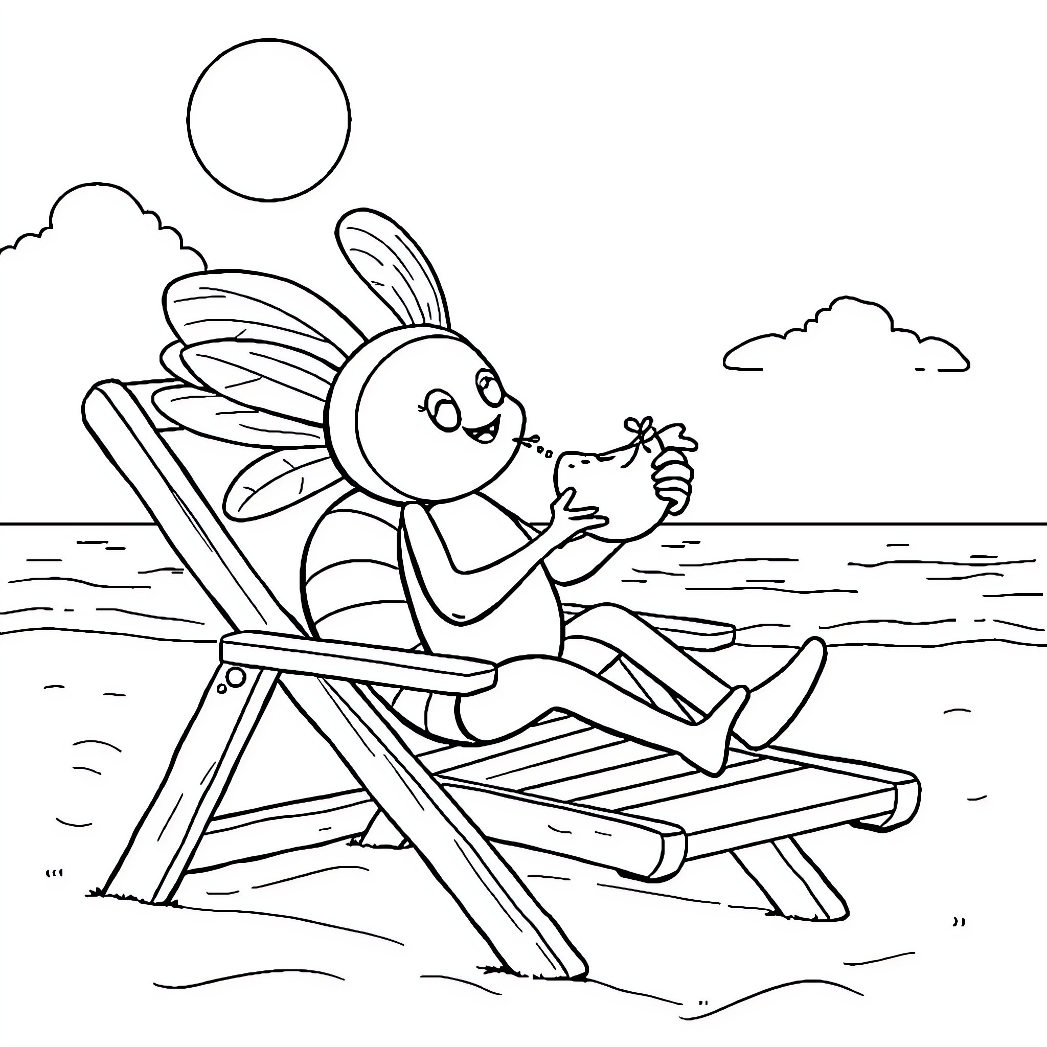 Ladybug relaxing on beach chair Coloring Page (free black-and-white line drawing printable PDF for all, from beginners to advanced learners, including children, teens, adults, and seniors)
