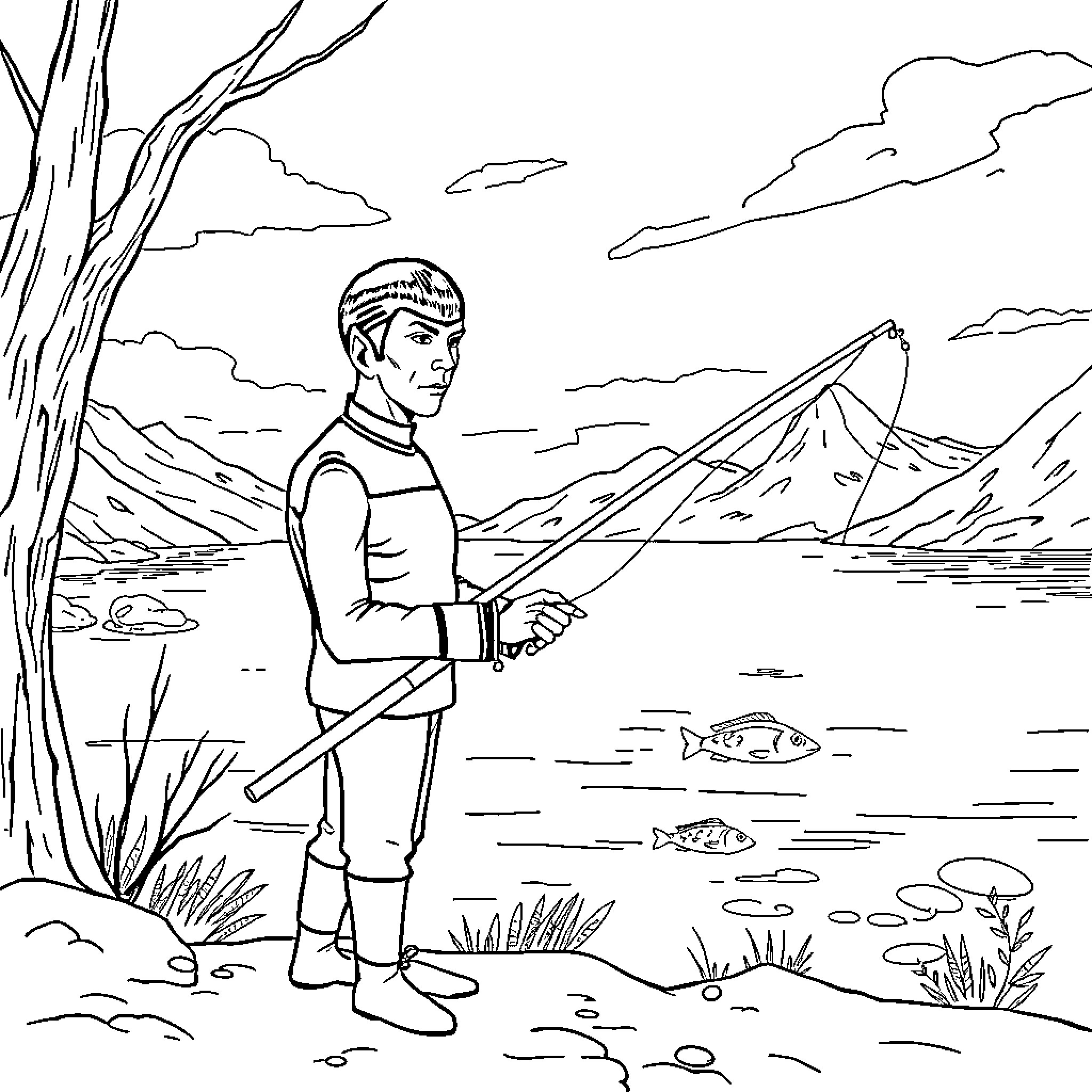 Spock contemplates fishing in the mountains Coloring Page (free black-and-white line drawing printable PDF for all, from beginners to advanced learners, including children, teens, adults, and seniors)