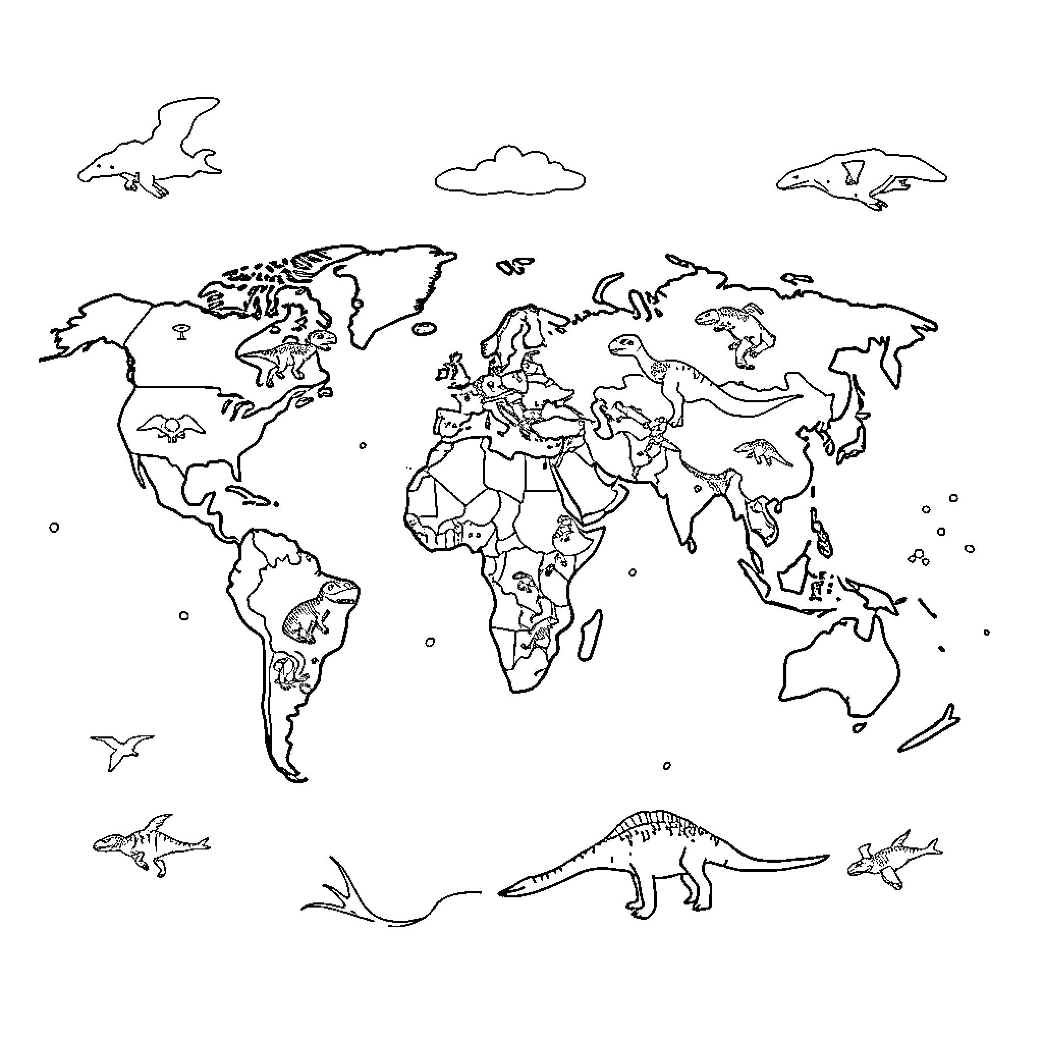 Dinosaur world map with various prehistoric creatures Coloring Page (free black-and-white line drawing printable PDF for all, from beginners to advanced learners, including children, teens, adults, and seniors)