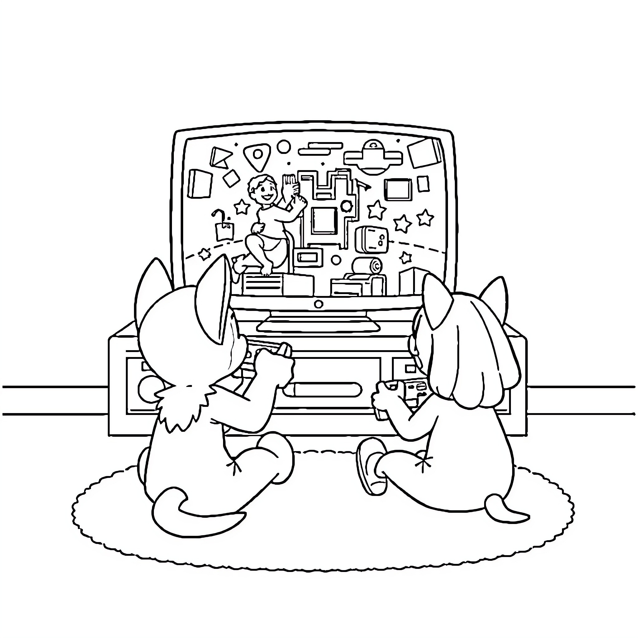 Bluey and Bingo playing video games together Coloring Page (free black-and-white line drawing printable PDF for all, from beginners to advanced learners, including children, teens, adults, and seniors)