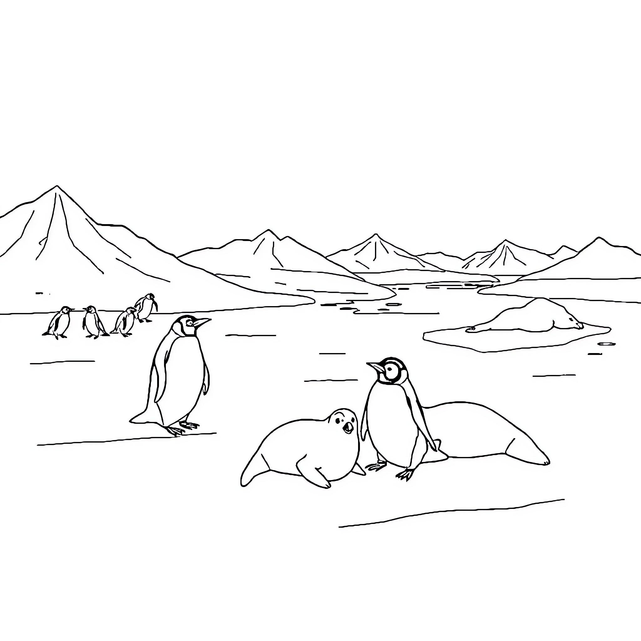 Animals enjoying the Antarctic landscape Coloring Page (free black-and-white line drawing printable PDF for all, from beginners to advanced learners, including children, teens, adults, and seniors)