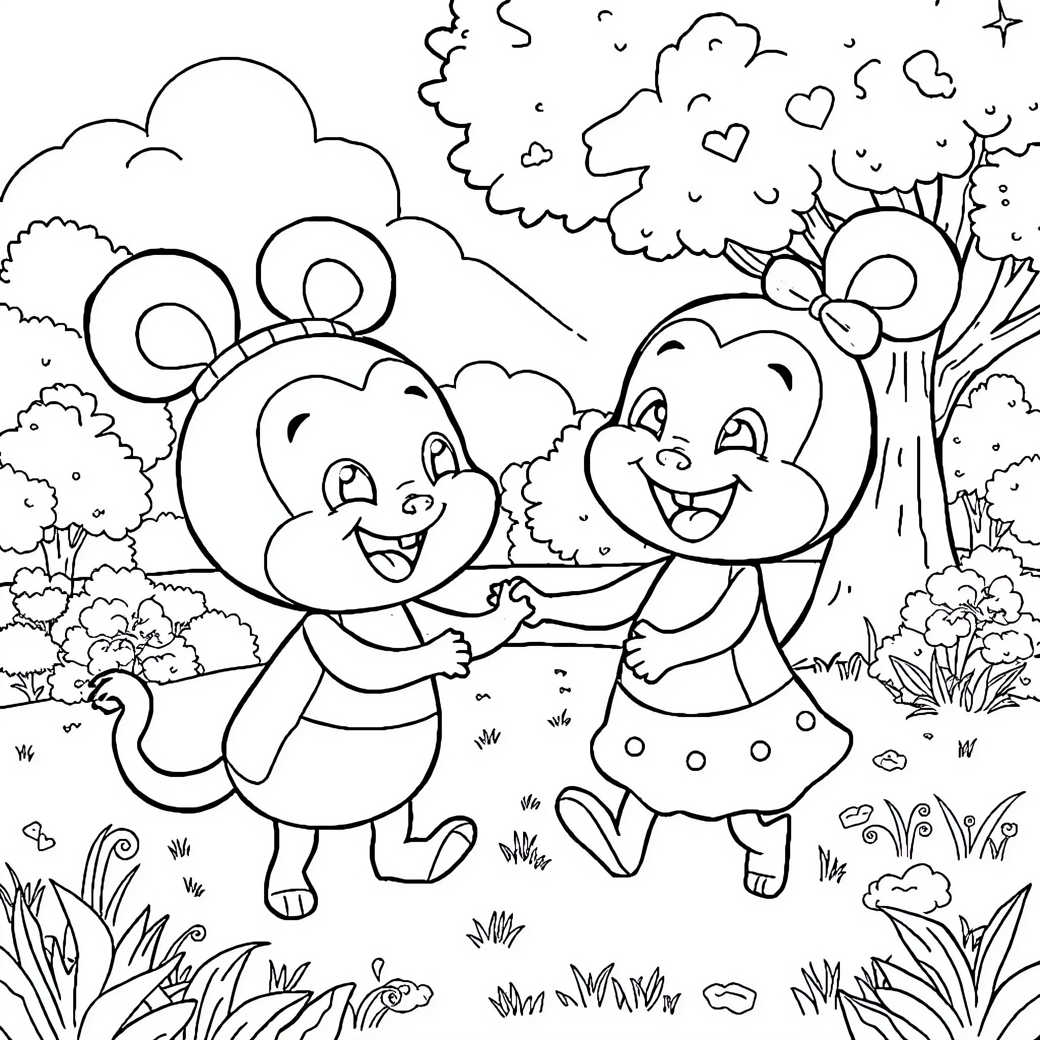 Bubu y Dudu playing happily in the park Coloring Page (free black-and-white line drawing printable PDF for all, from beginners to advanced learners, including children, teens, adults, and seniors)