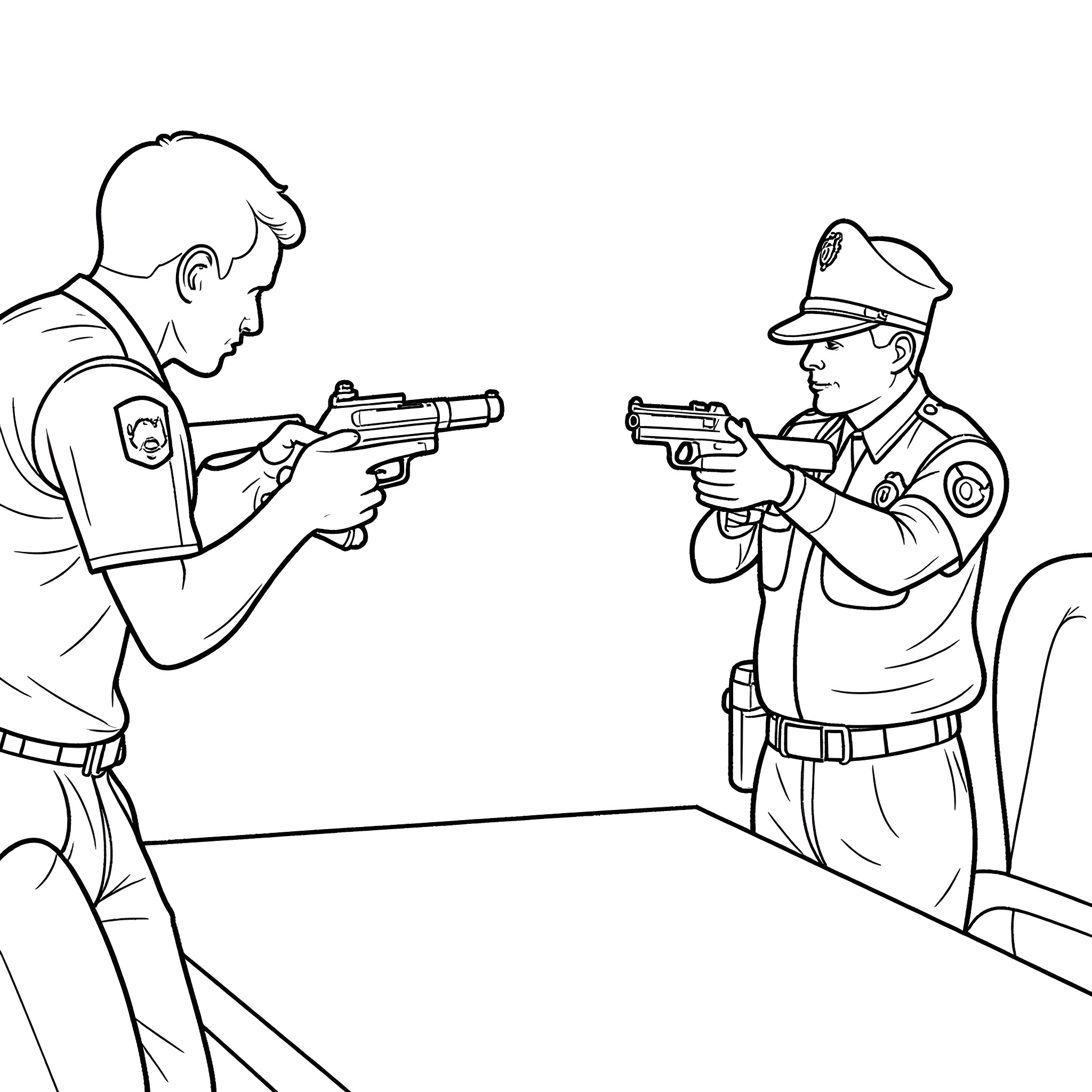 Police Officers Engaged in Confrontation Coloring Page (free black-and-white line drawing printable PDF for all, from beginners to advanced learners, including children, teens, adults, and seniors)