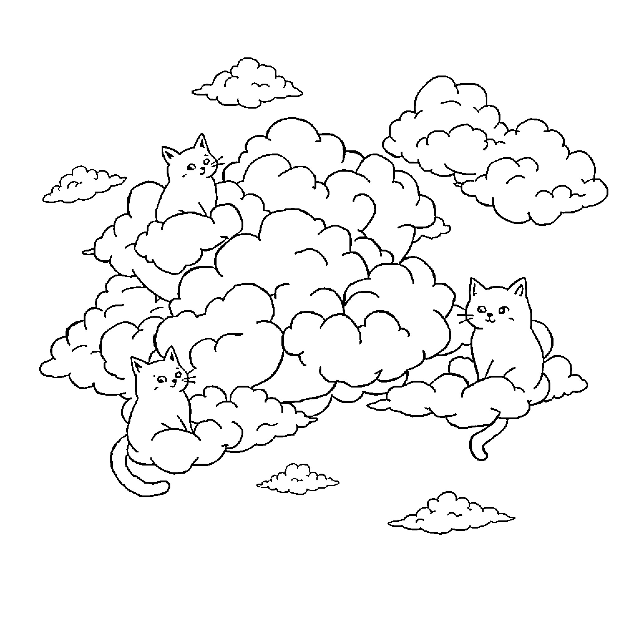 Cat Frolicking Playfully Among Clouds Coloring Page (free black-and-white line drawing printable PDF for all, from beginners to advanced learners, including children, teens, adults, and seniors)