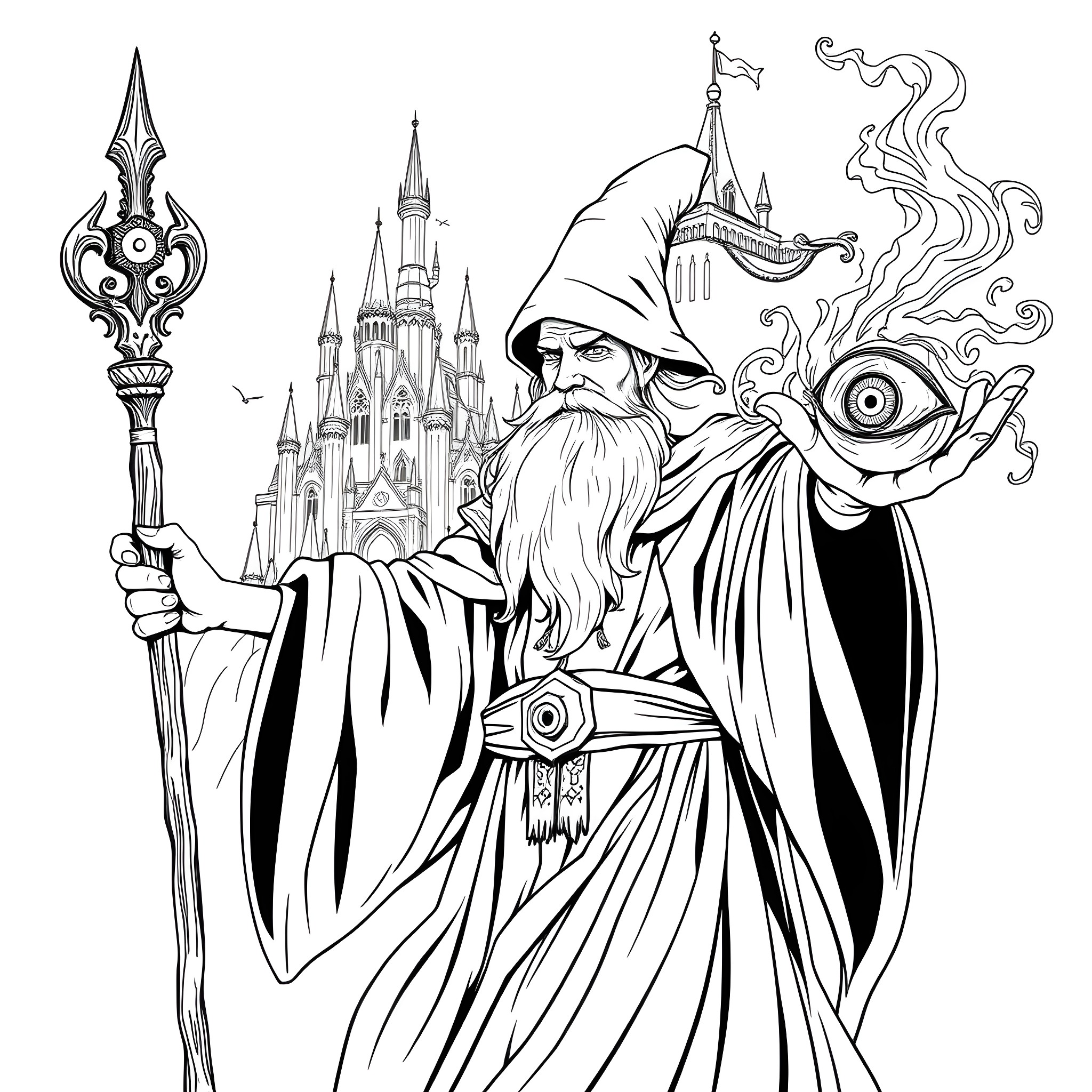 Wizard casting a spell in a magical kingdom Coloring Page (free black-and-white line drawing printable PDF for all, from beginners to advanced learners, including children, teens, adults, and seniors)