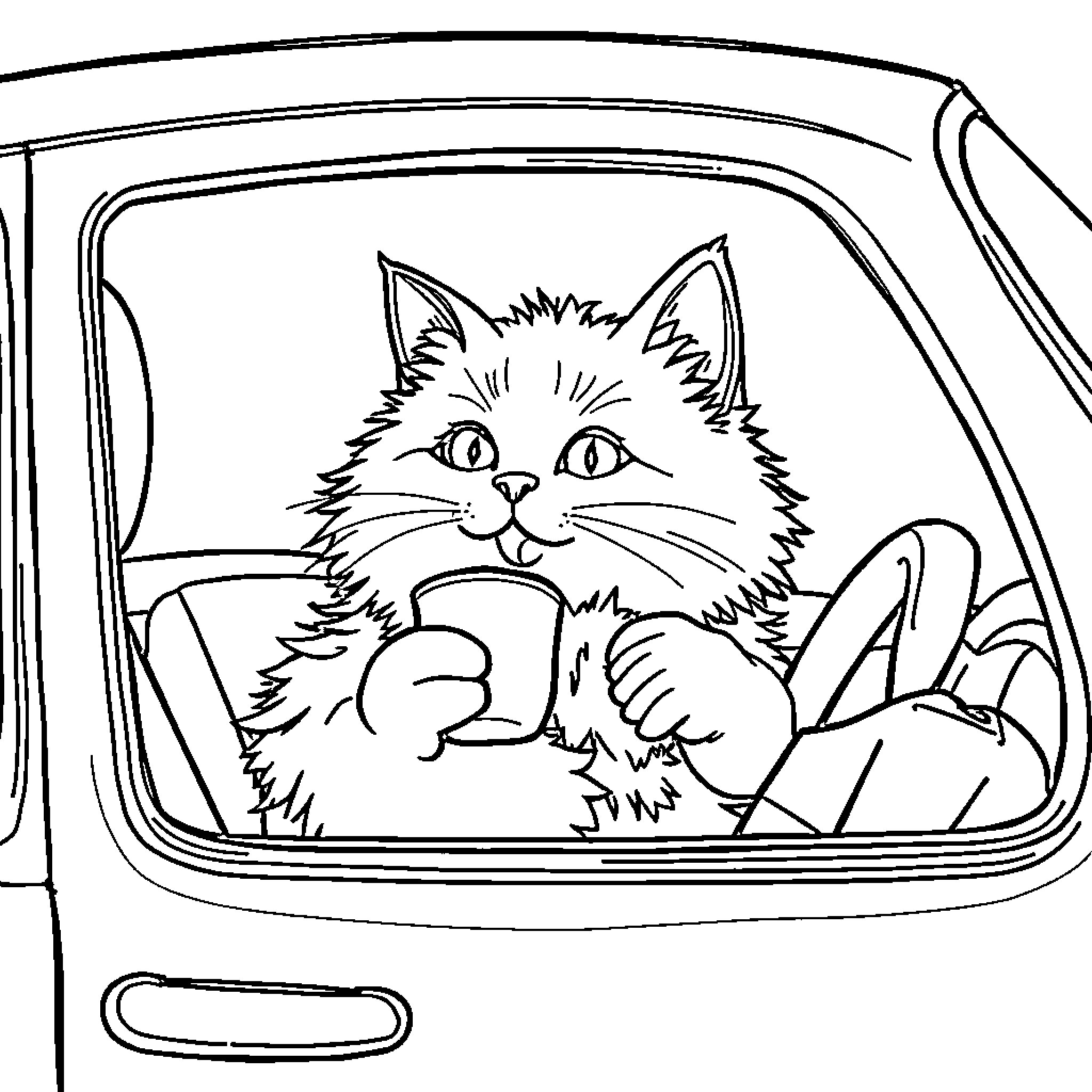 Cat riding in car window Coloring Page (free black-and-white line drawing printable PDF for all, from beginners to advanced learners, including children, teens, adults, and seniors)