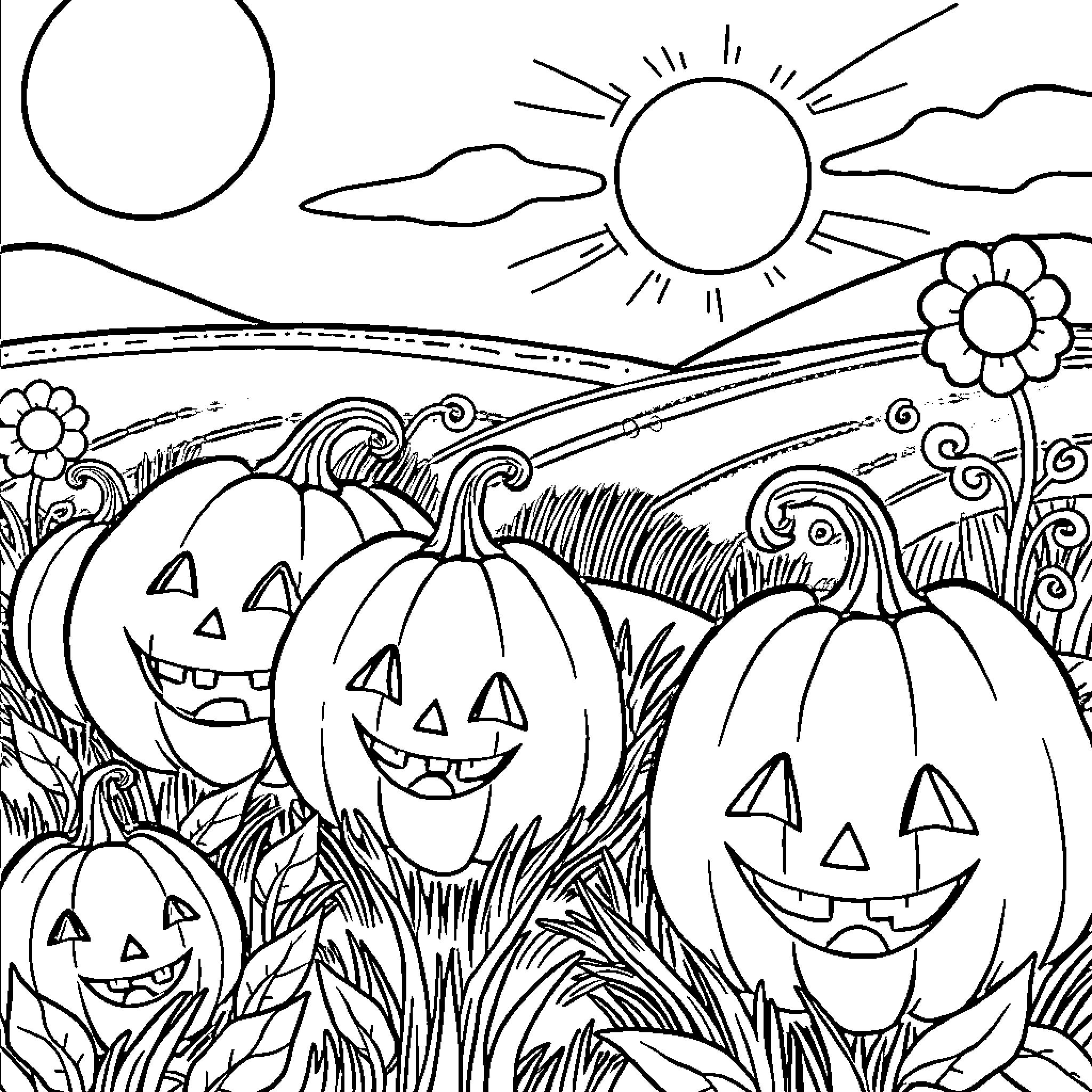 Pumpkins shining brightly in the autumn landscape Coloring Page (free black-and-white line drawing printable PDF for all, from beginners to advanced learners, including children, teens, adults, and seniors)