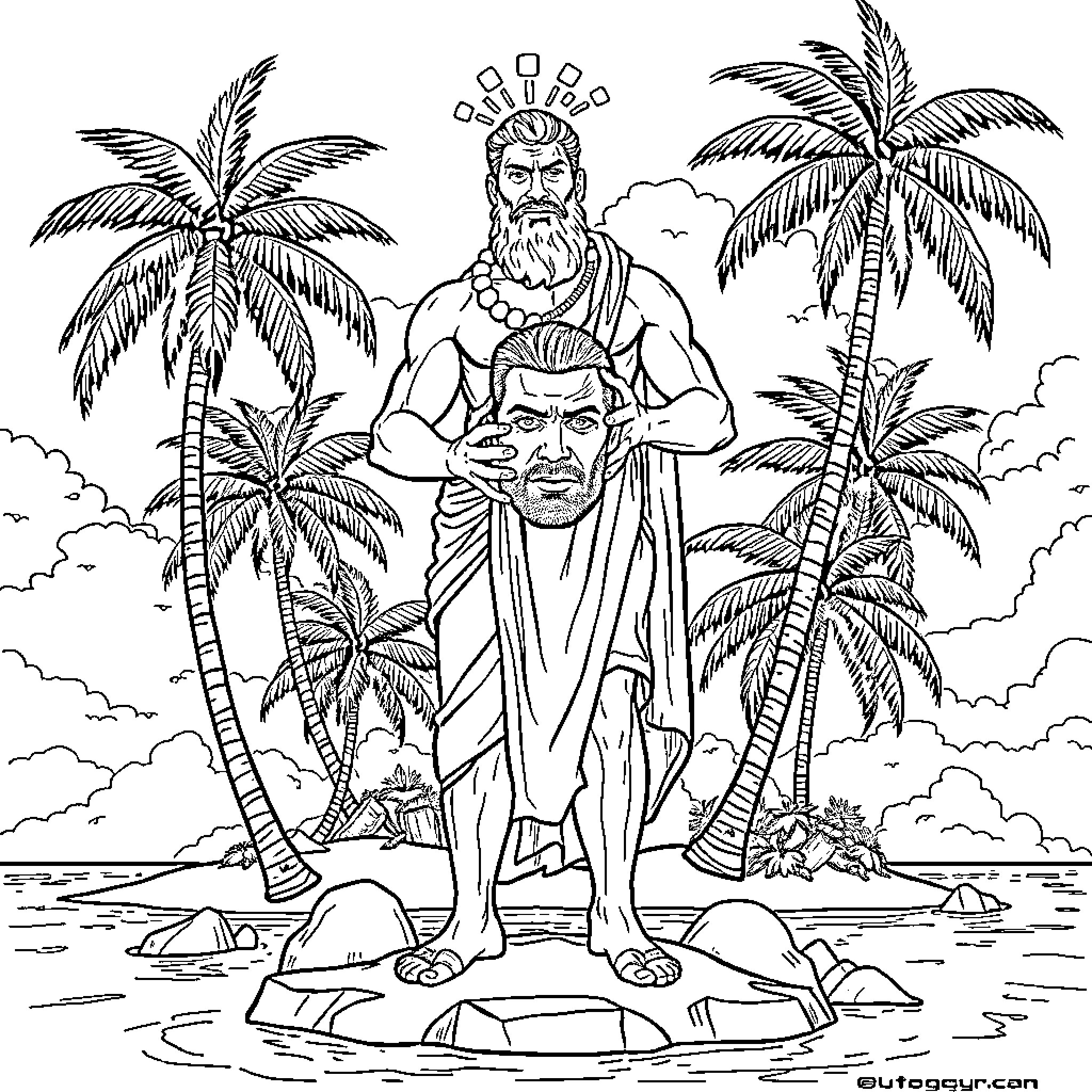 Aesop's Mythical Figures in a Tropical Landscape Coloring Page (free black-and-white line drawing printable PDF for all, from beginners to advanced learners, including children, teens, adults, and seniors)