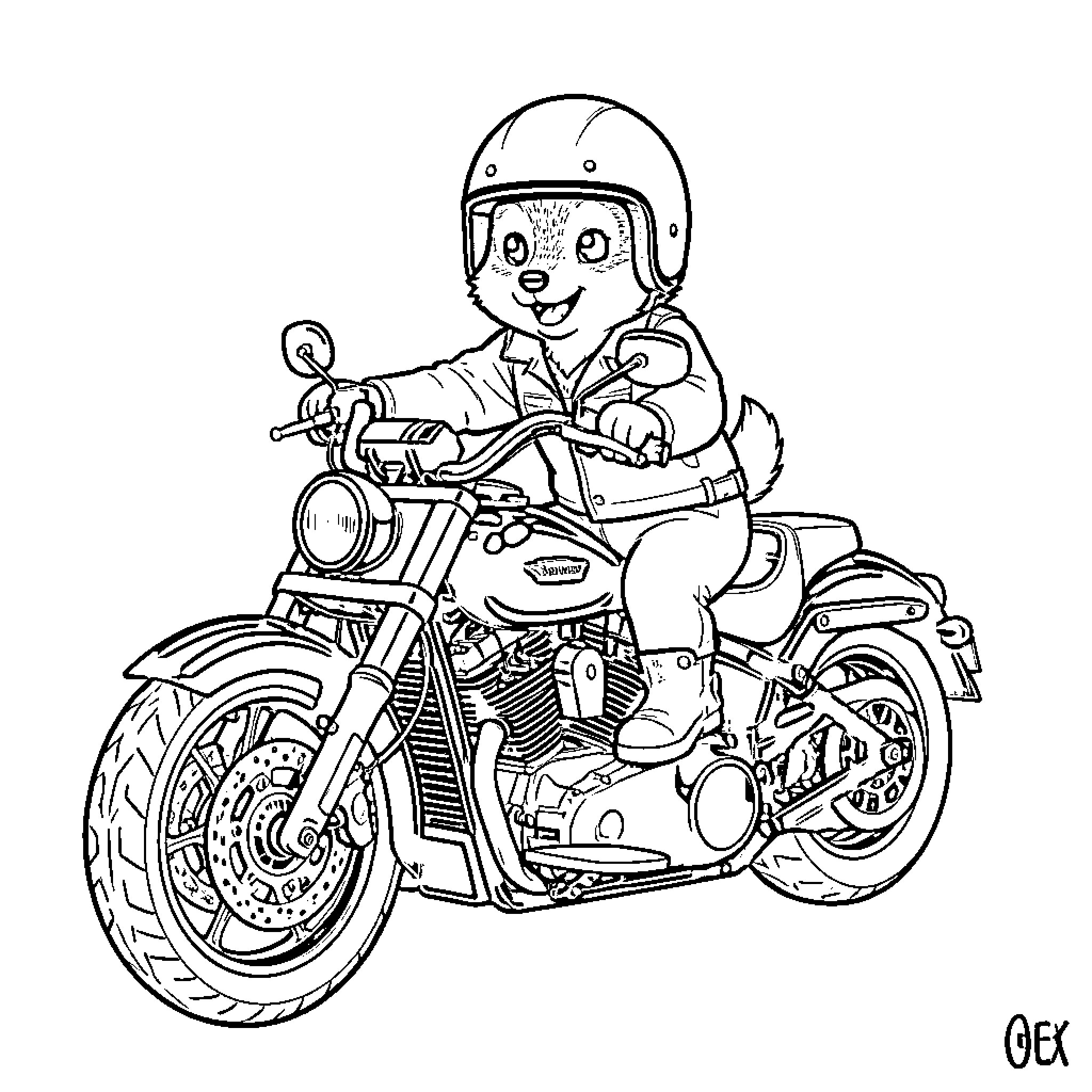 Husky riding motorcycle with enthusiasm Coloring Page (free black-and-white line drawing printable PDF for all, from beginners to advanced learners, including children, teens, adults, and seniors)