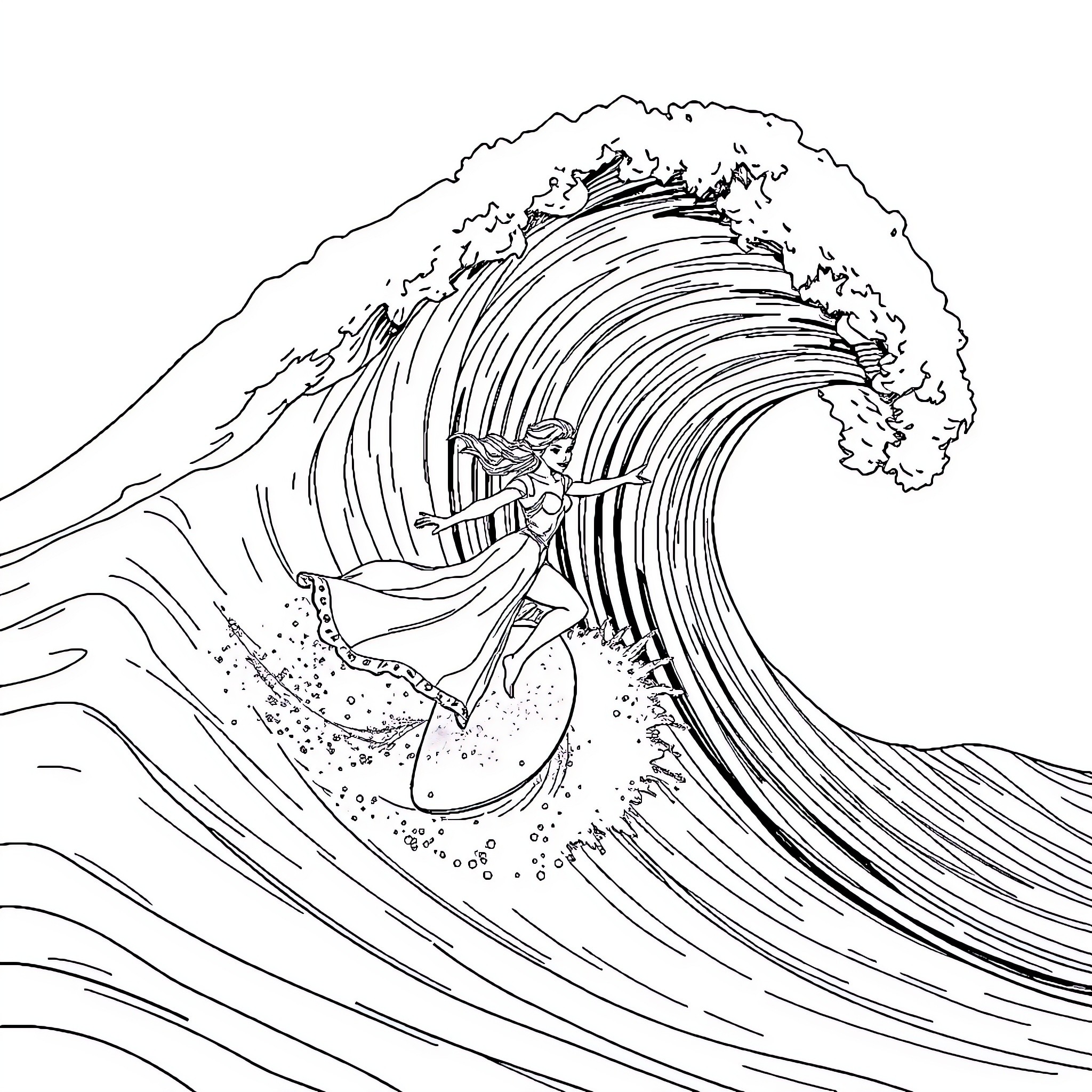 Elsa surfing through giant wave Coloring Page (free black-and-white line drawing printable PDF for all, from beginners to advanced learners, including children, teens, adults, and seniors)