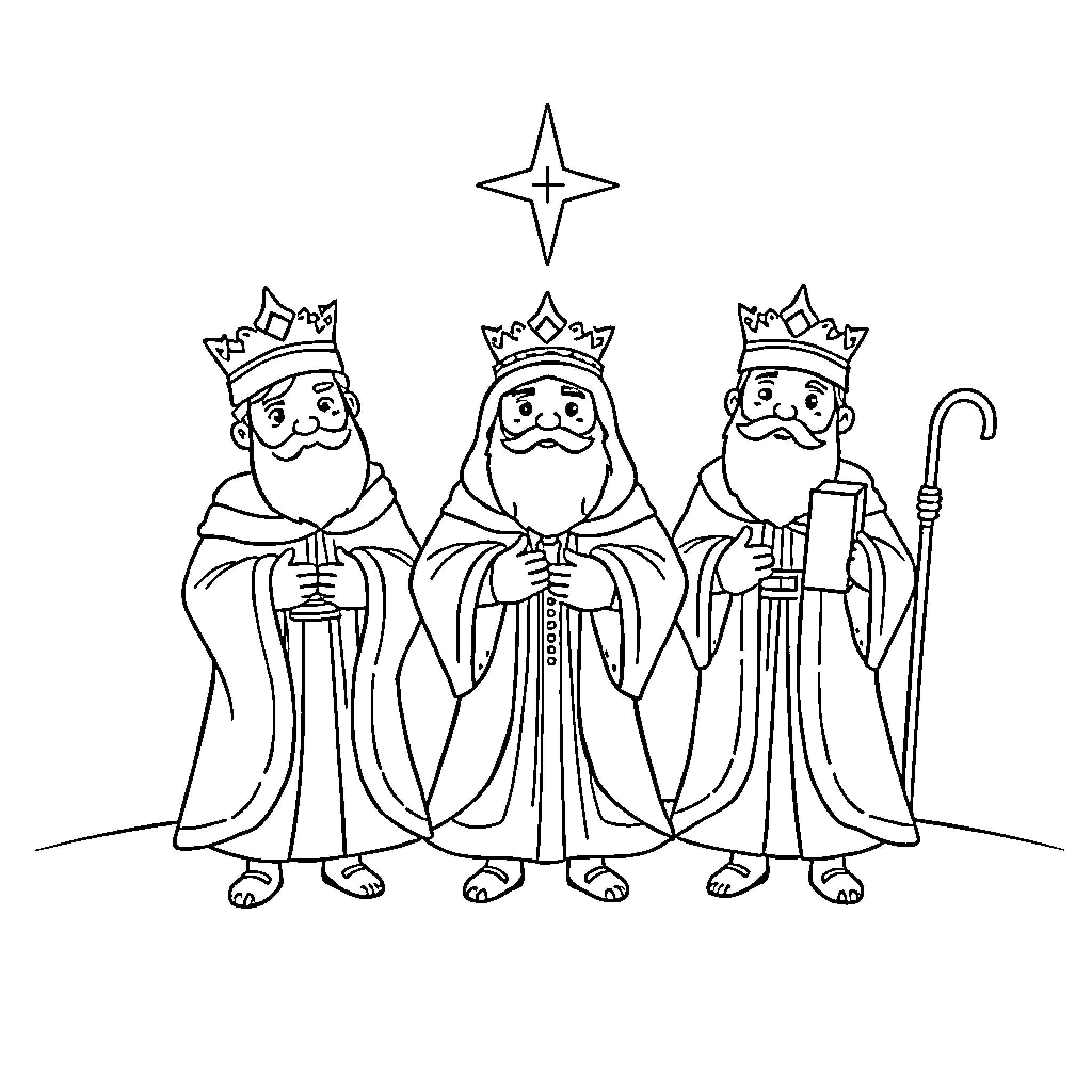 Tres Reyes Magos celebrating with robes and crowns Coloring Page (free black-and-white line drawing printable PDF for all, from beginners to advanced learners, including children, teens, adults, and seniors)