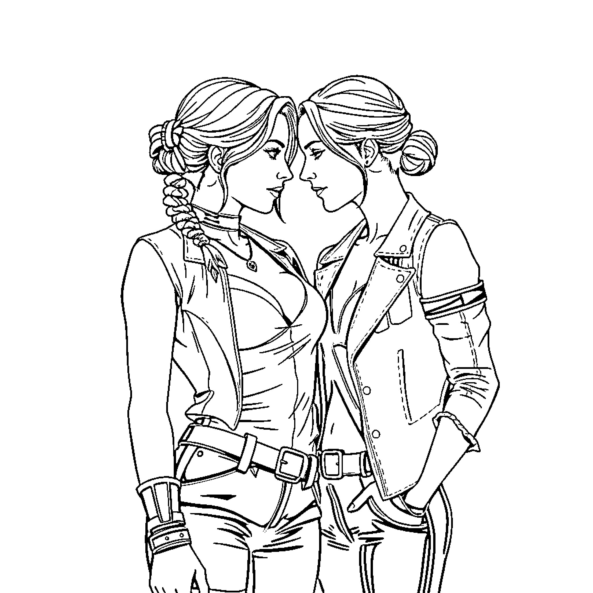 Katniss and Peeta: A Defiant Alliance Coloring Page (free black-and-white line drawing printable PDF for all, from beginners to advanced learners, including children, teens, adults, and seniors)