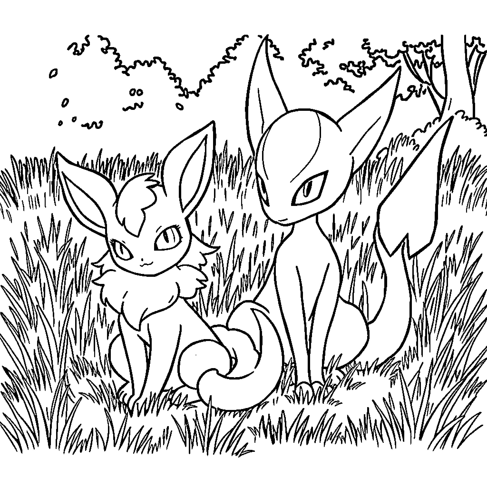 Espeon duo relaxing in a grassy meadow Coloring Page (free black-and-white line drawing printable PDF for all, from beginners to advanced learners, including children, teens, adults, and seniors)