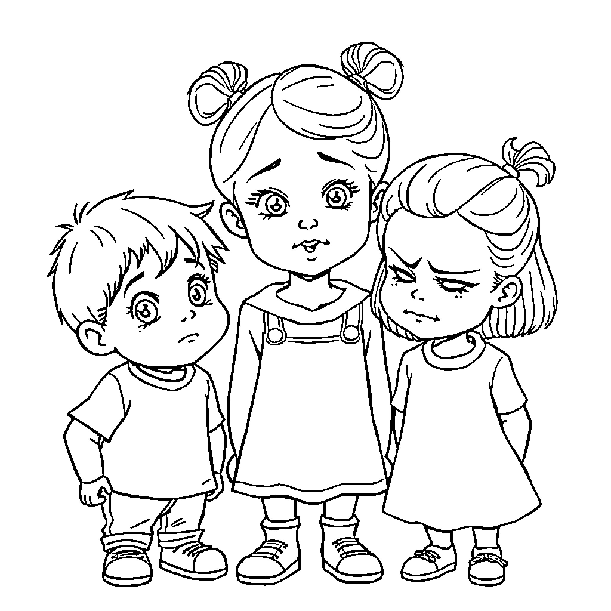 Enfant Friends Enjoying Playtime Together Coloring Page (free black-and-white line drawing printable PDF for all, from beginners to advanced learners, including children, teens, adults, and seniors)