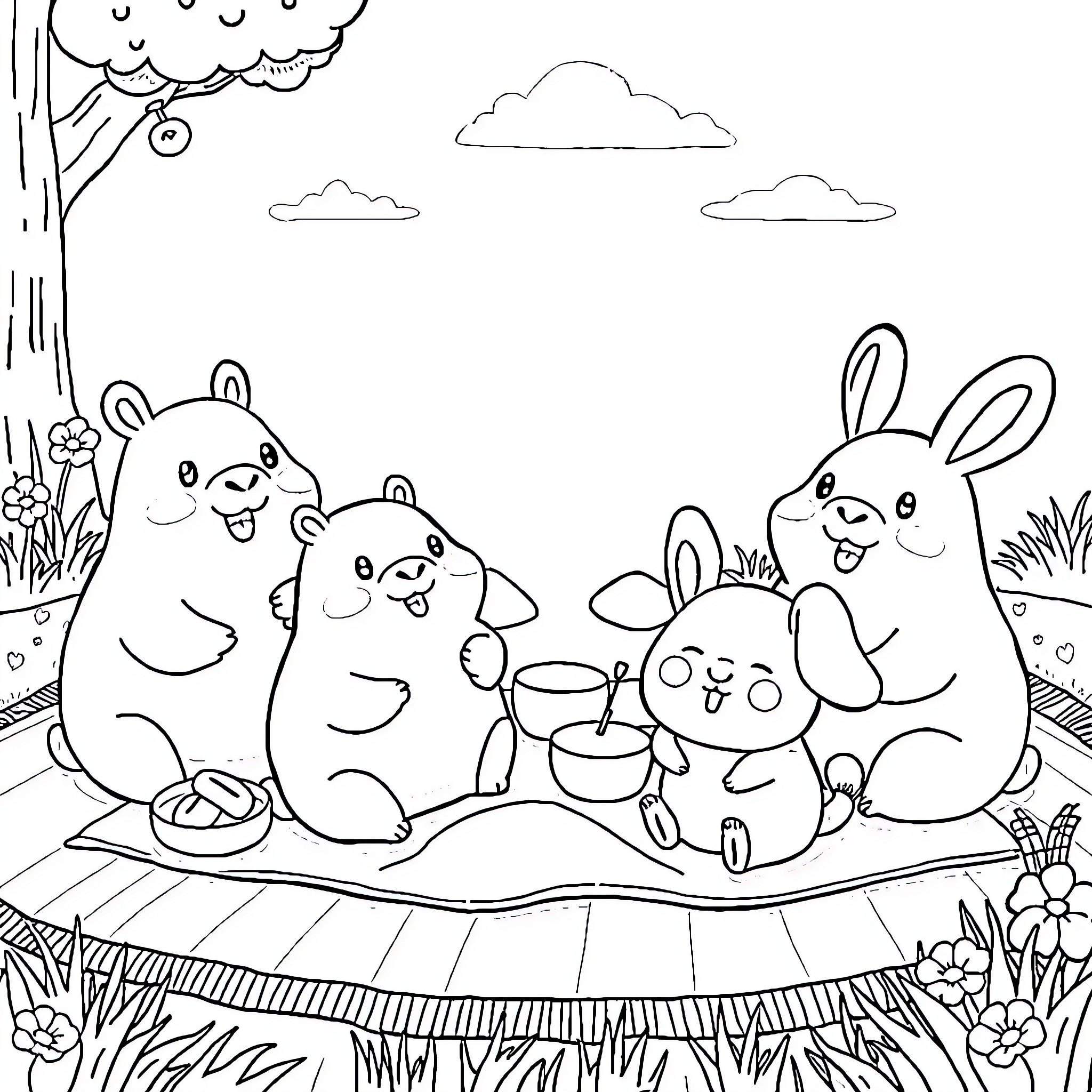 Capybara family having a picnic in the park Coloring Page (free black-and-white line drawing printable PDF for all, from beginners to advanced learners, including children, teens, adults, and seniors)