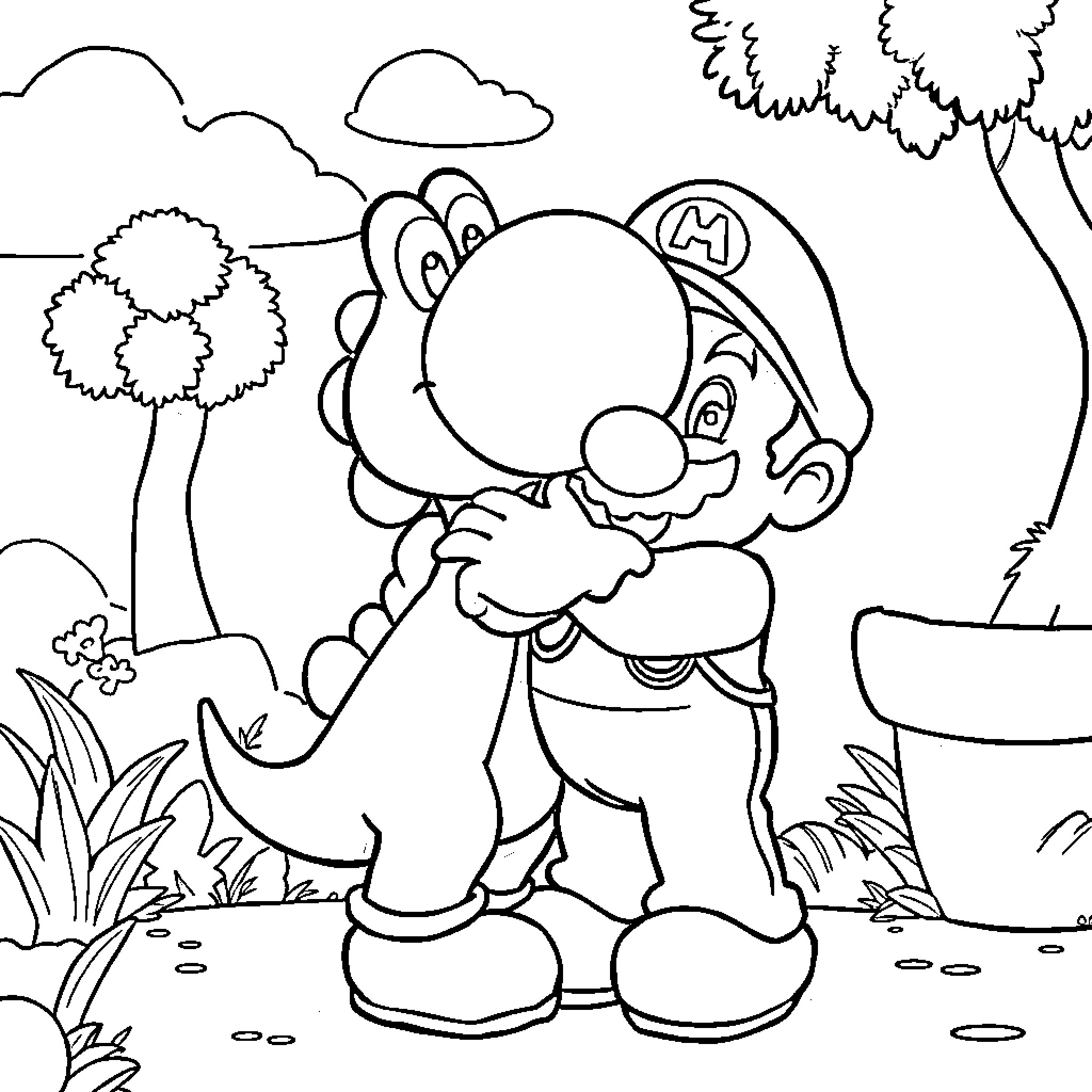 Yoshi hugging Mario in a peaceful outdoor setting Coloring Page (free black-and-white line drawing printable PDF for all, from beginners to advanced learners, including children, teens, adults, and seniors)