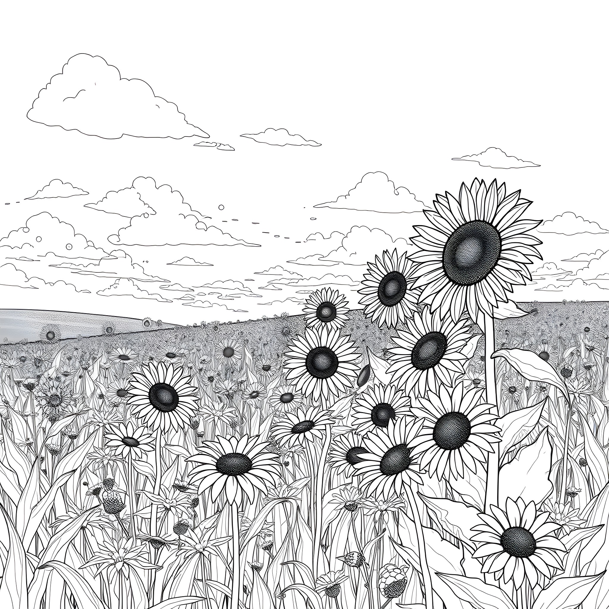 Flower field under the cloudy sky Coloring Page (free black-and-white line drawing printable PDF for all, from beginners to advanced learners, including children, teens, adults, and seniors)