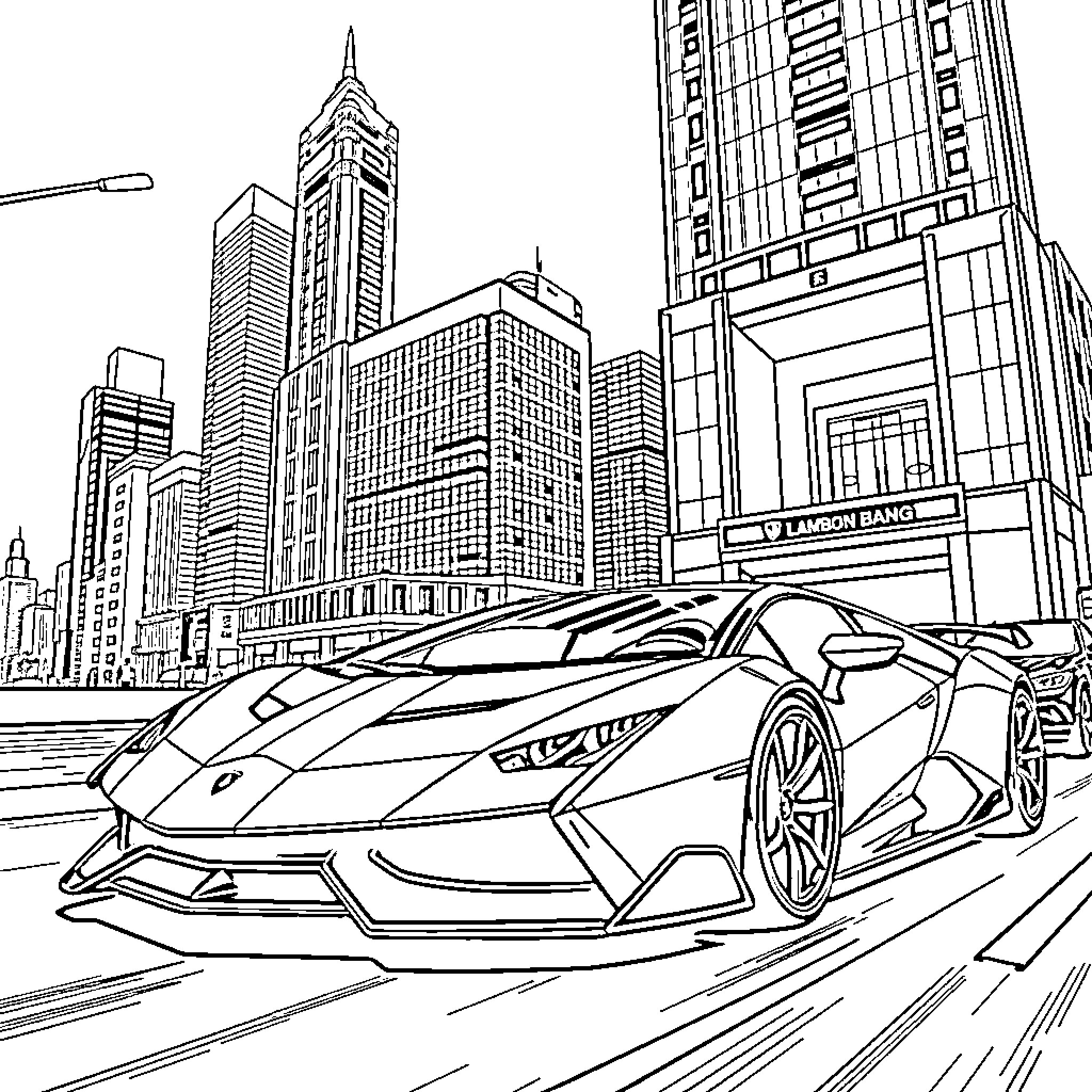 Lamborghini supercar racing through the city Coloring Page (free black-and-white line drawing printable PDF for all, from beginners to advanced learners, including children, teens, adults, and seniors)