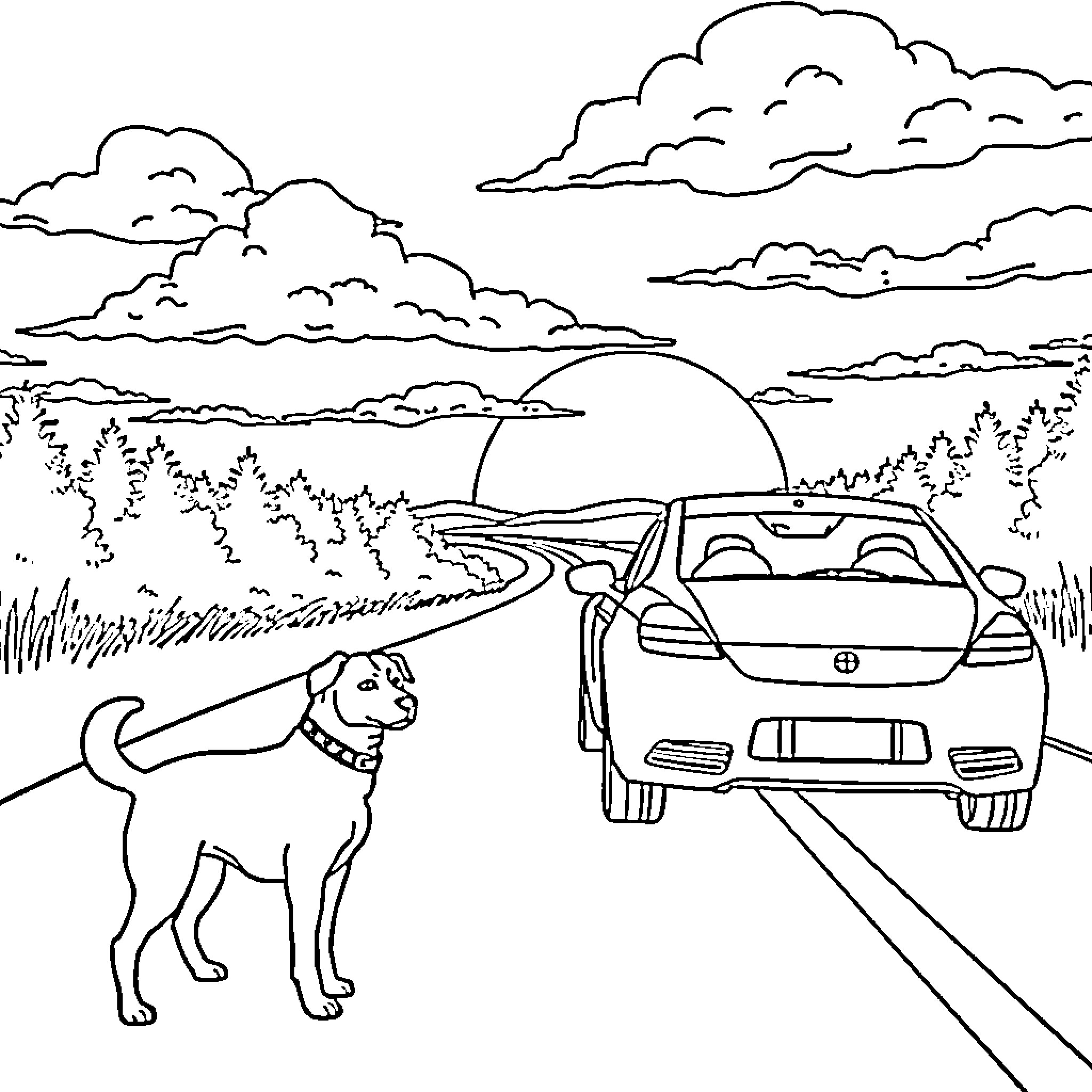 Dog walking along the road with car in nature Coloring Page (free black-and-white line drawing printable PDF for all, from beginners to advanced learners, including children, teens, adults, and seniors)